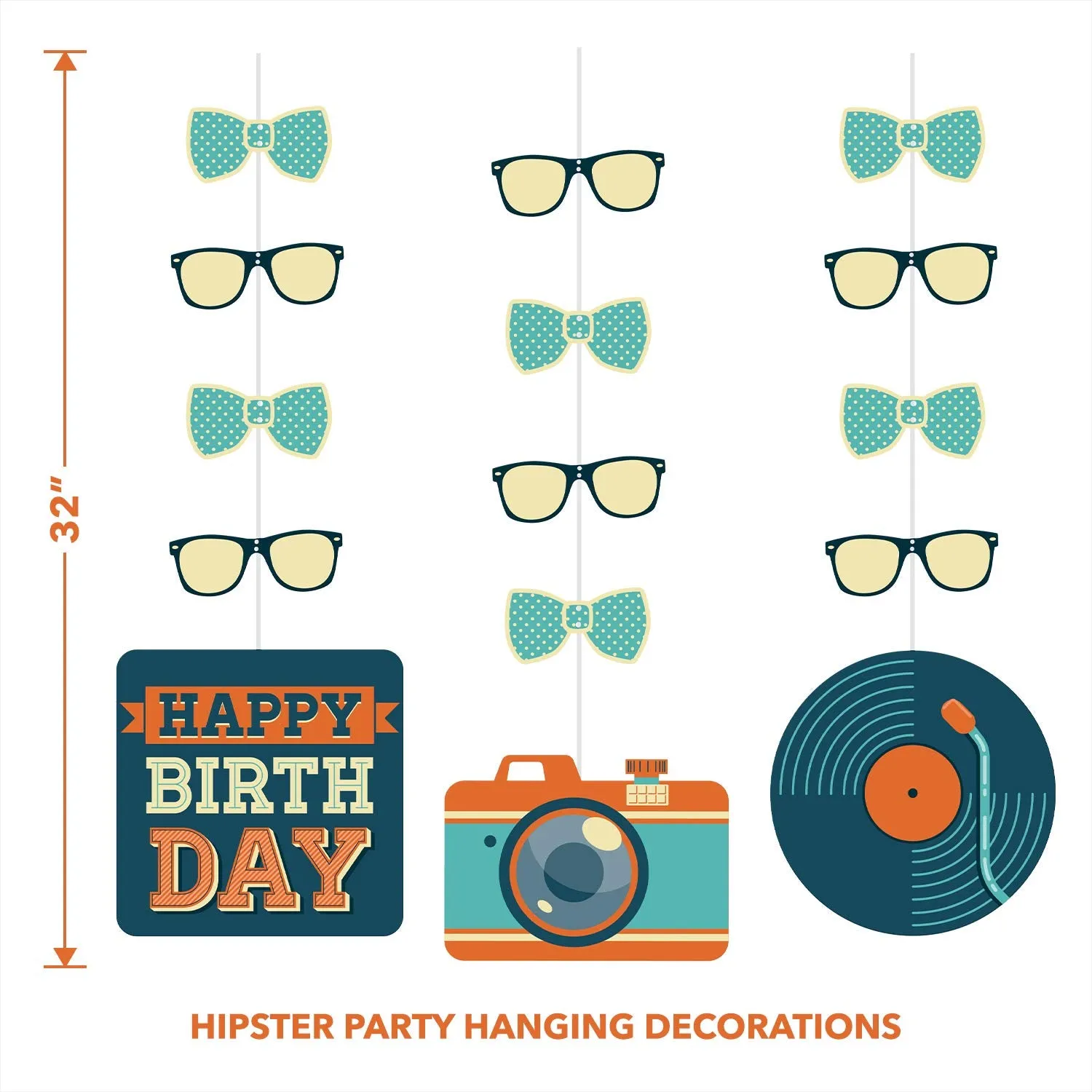 Hipster Guy Party Supplies - Plaid Paper Table Cover and Birthday Hanging Cutouts Set with Cool Bowties, Glasses, Trendy Records, Cameras, and More