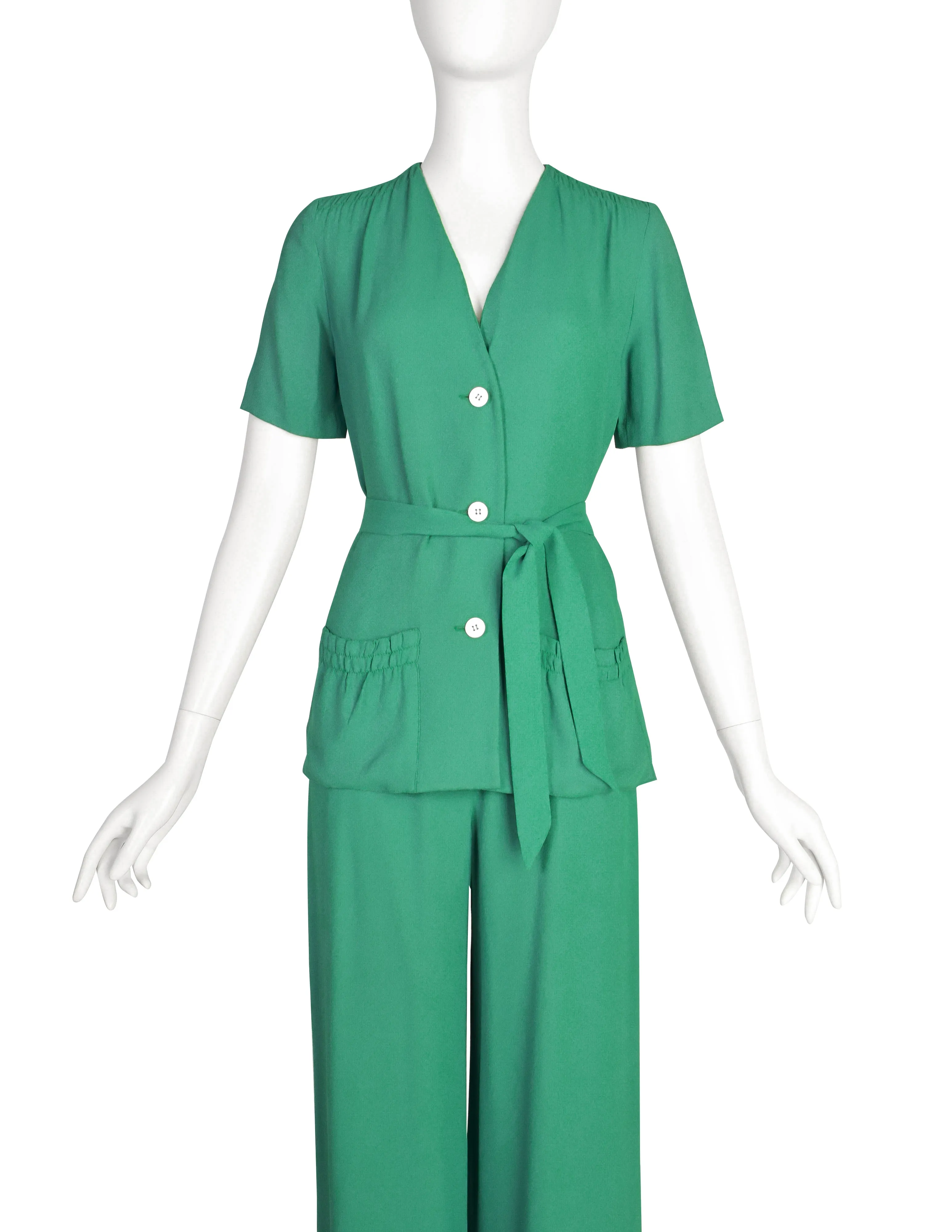 Holly's Harp Vintage 1970s Green Crepe Jacket Top & Wide Leg Pant Ensemble