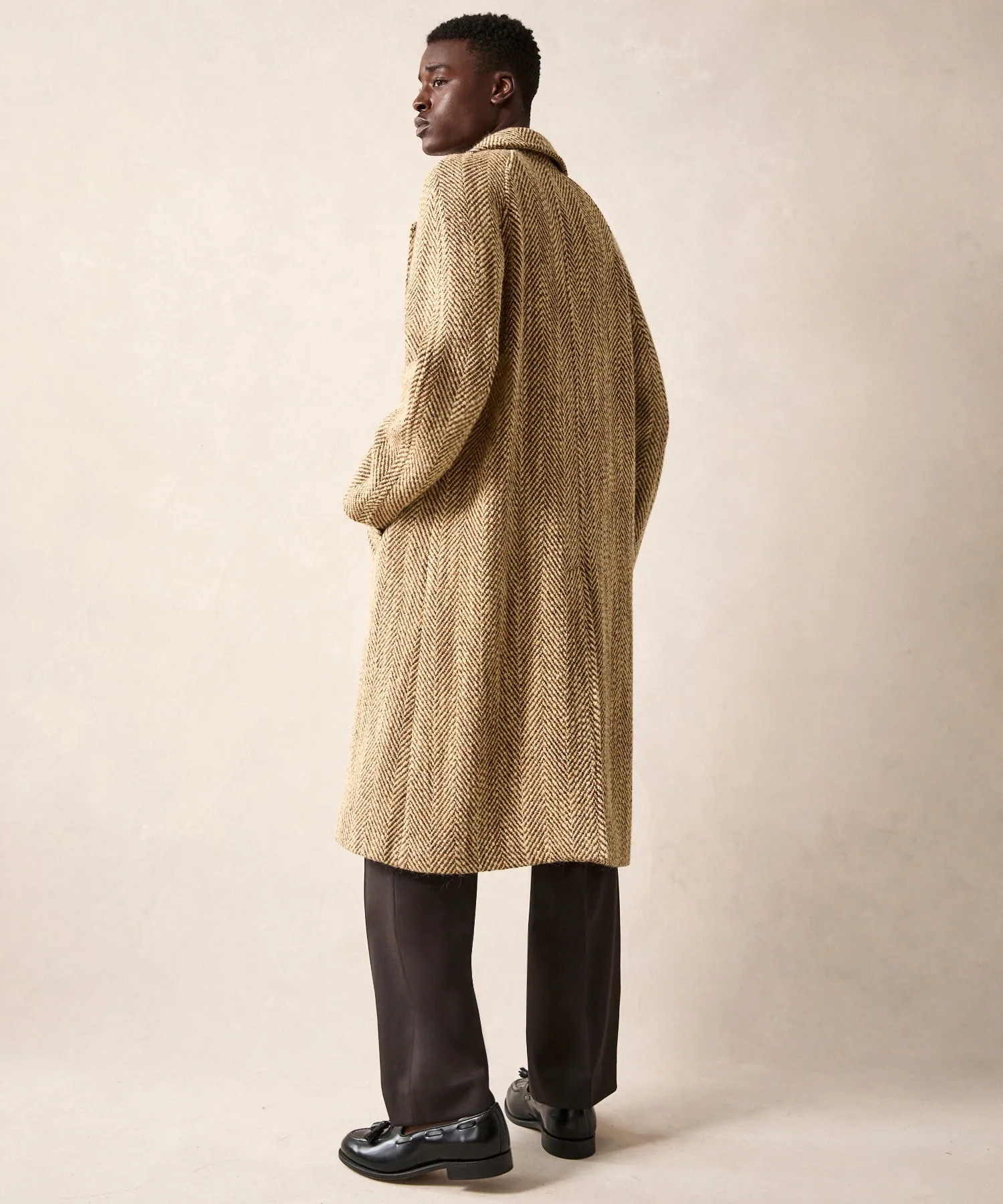 Italian Wool Topcoat in Light Brown Herringbone