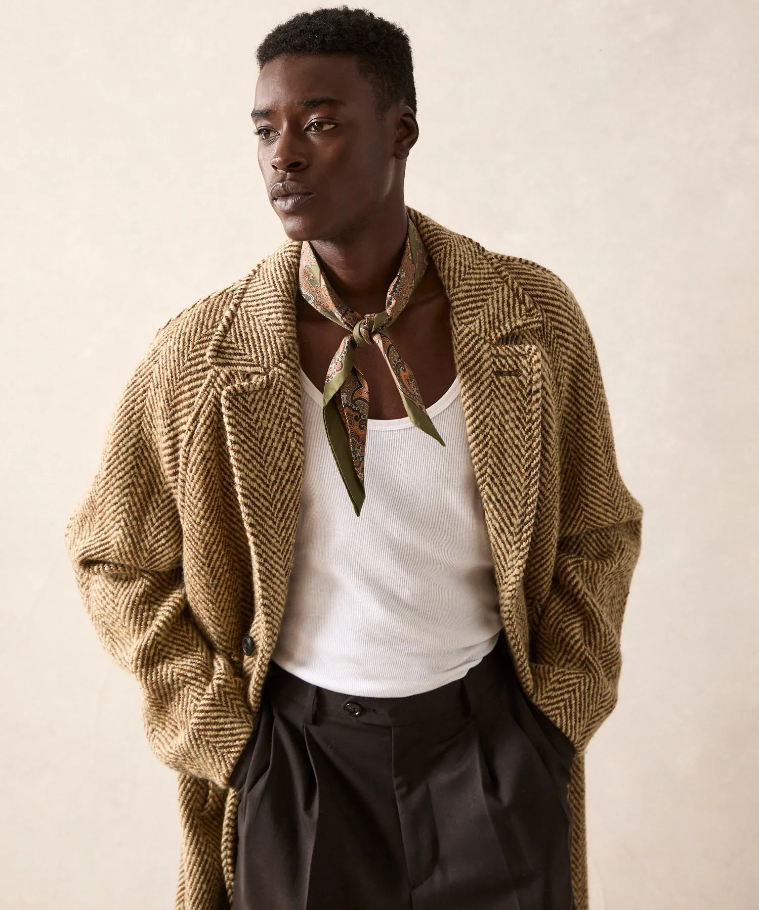 Italian Wool Topcoat in Light Brown Herringbone