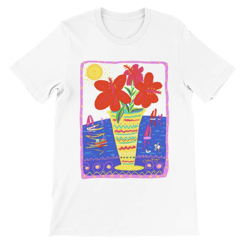 John Dyer Unisex Cornwall Art T-Shirt. 'Seaside Hibiscus'. Cornwall Art Gallery