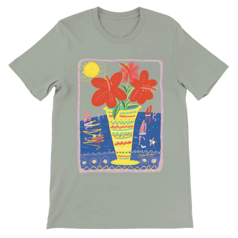 John Dyer Unisex Cornwall Art T-Shirt. 'Seaside Hibiscus'. Cornwall Art Gallery