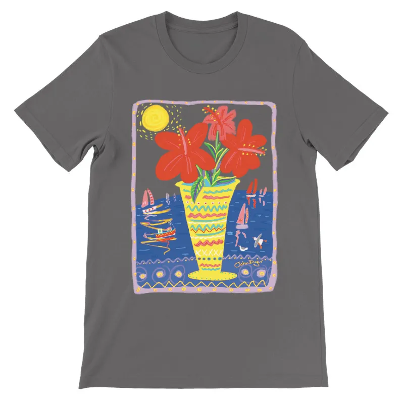 John Dyer Unisex Cornwall Art T-Shirt. 'Seaside Hibiscus'. Cornwall Art Gallery