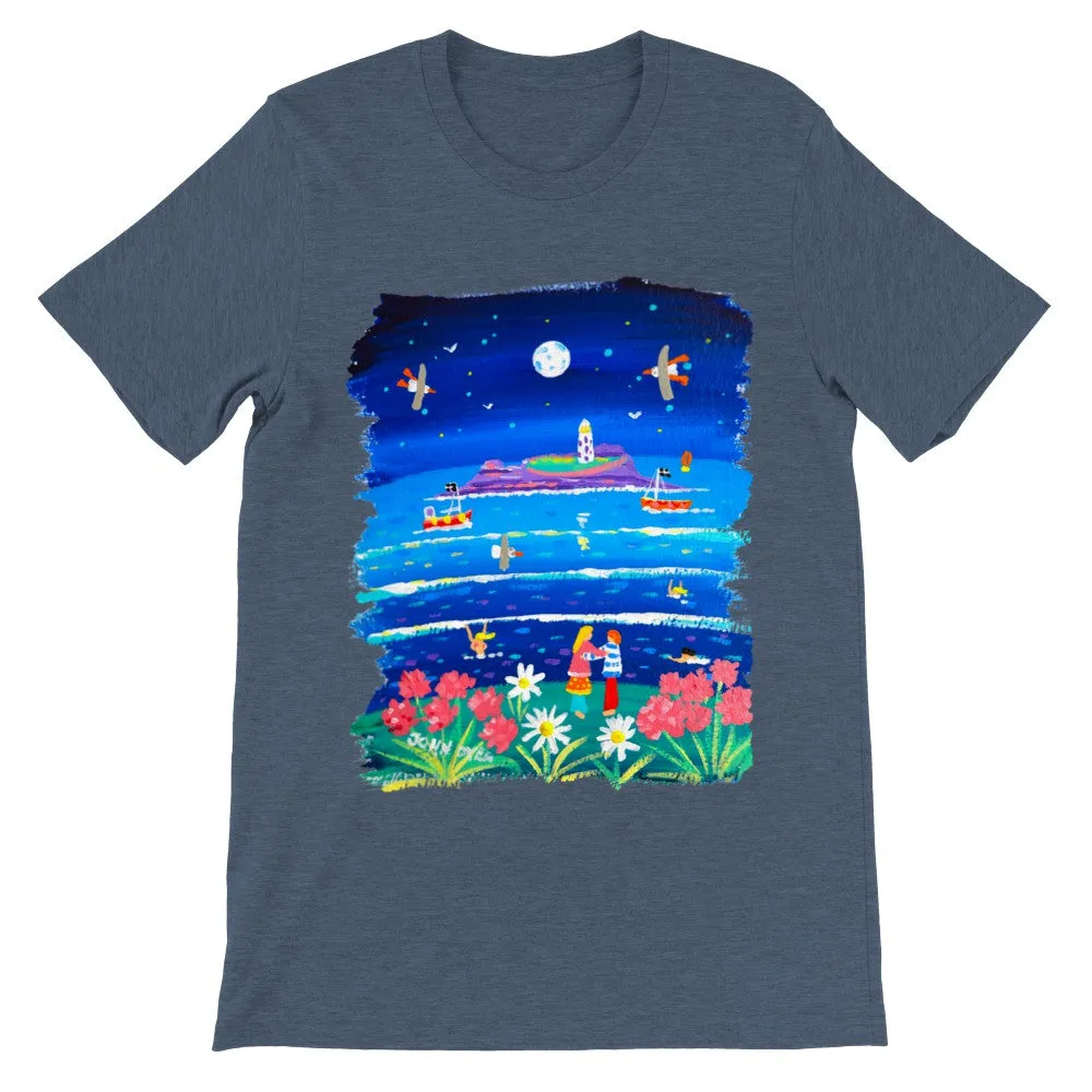 John Dyer Unisex Seaside Art Cornwall T-Shirt. 'Full Moon Lovers, Godrevy Lighthouse'. Cornwall Art Gallery