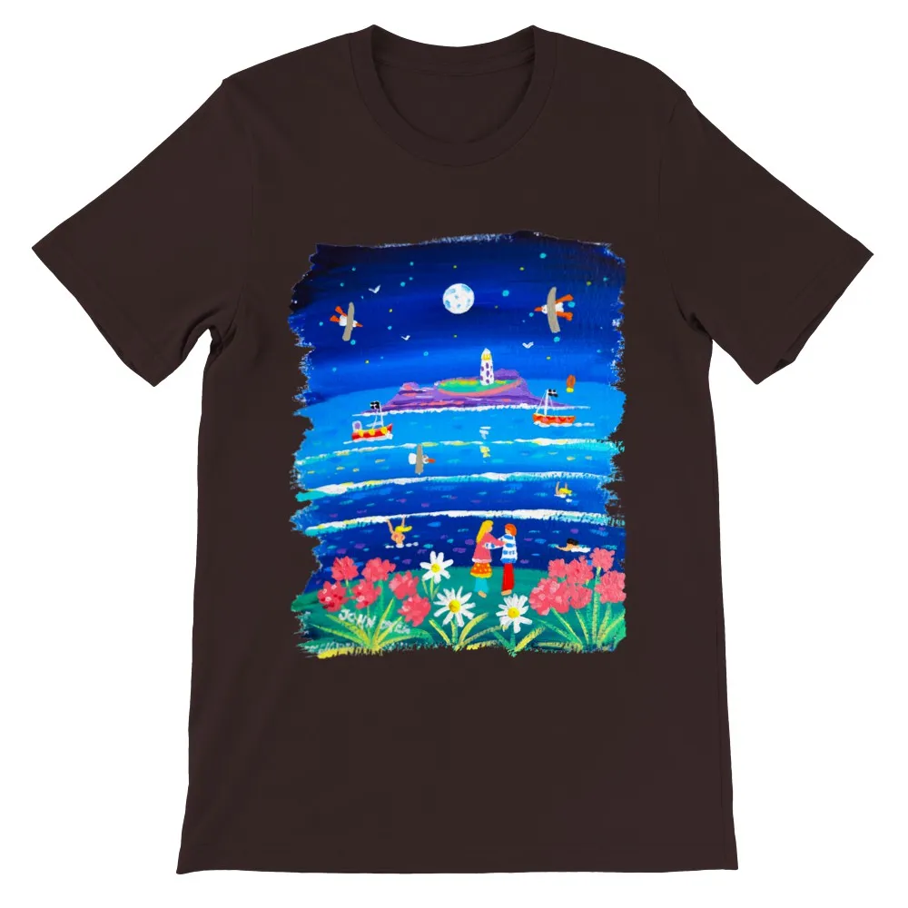 John Dyer Unisex Seaside Art Cornwall T-Shirt. 'Full Moon Lovers, Godrevy Lighthouse'. Cornwall Art Gallery