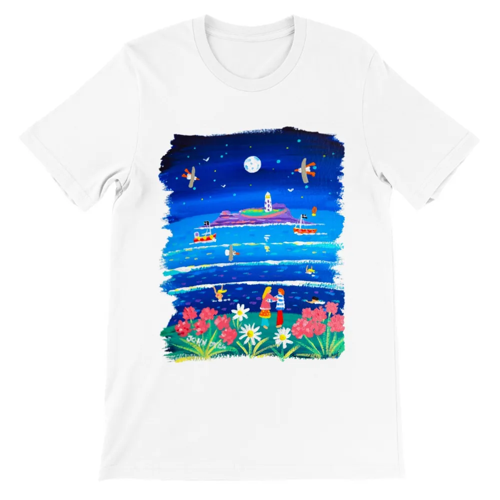 John Dyer Unisex Seaside Art Cornwall T-Shirt. 'Full Moon Lovers, Godrevy Lighthouse'. Cornwall Art Gallery