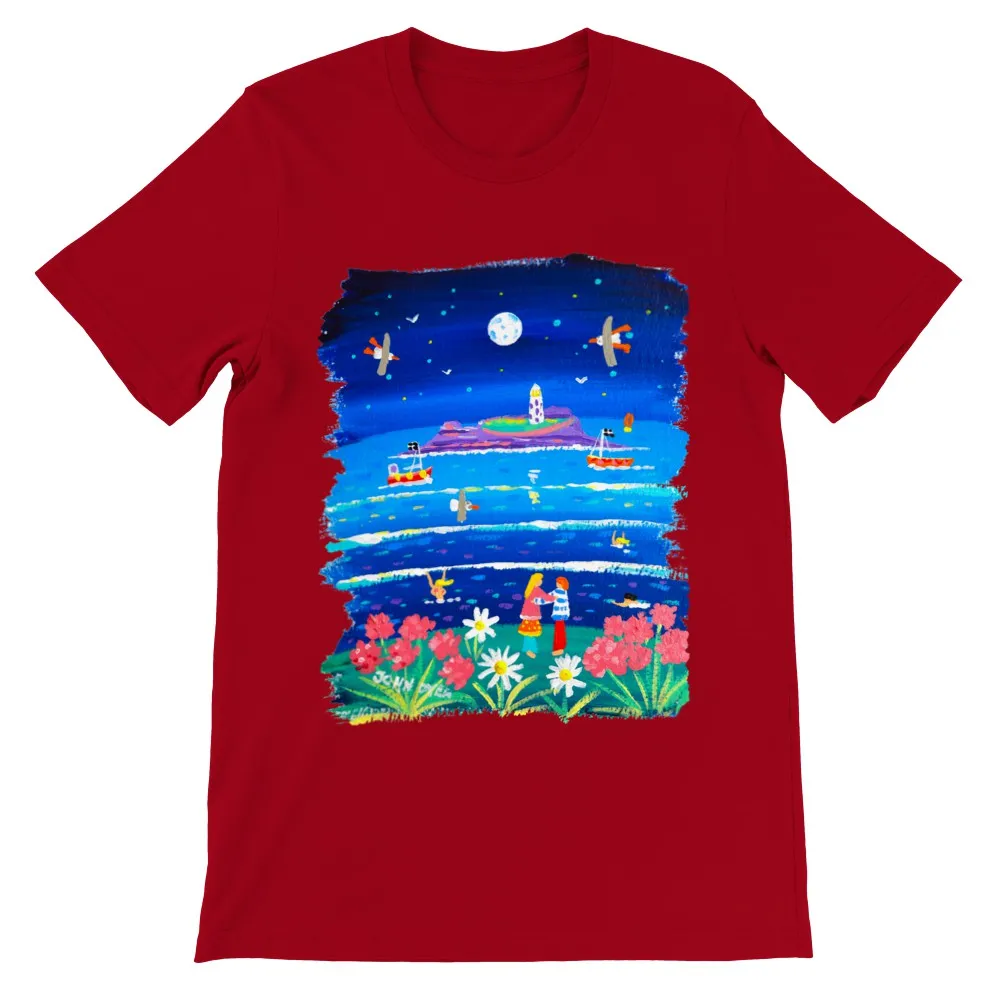 John Dyer Unisex Seaside Art Cornwall T-Shirt. 'Full Moon Lovers, Godrevy Lighthouse'. Cornwall Art Gallery