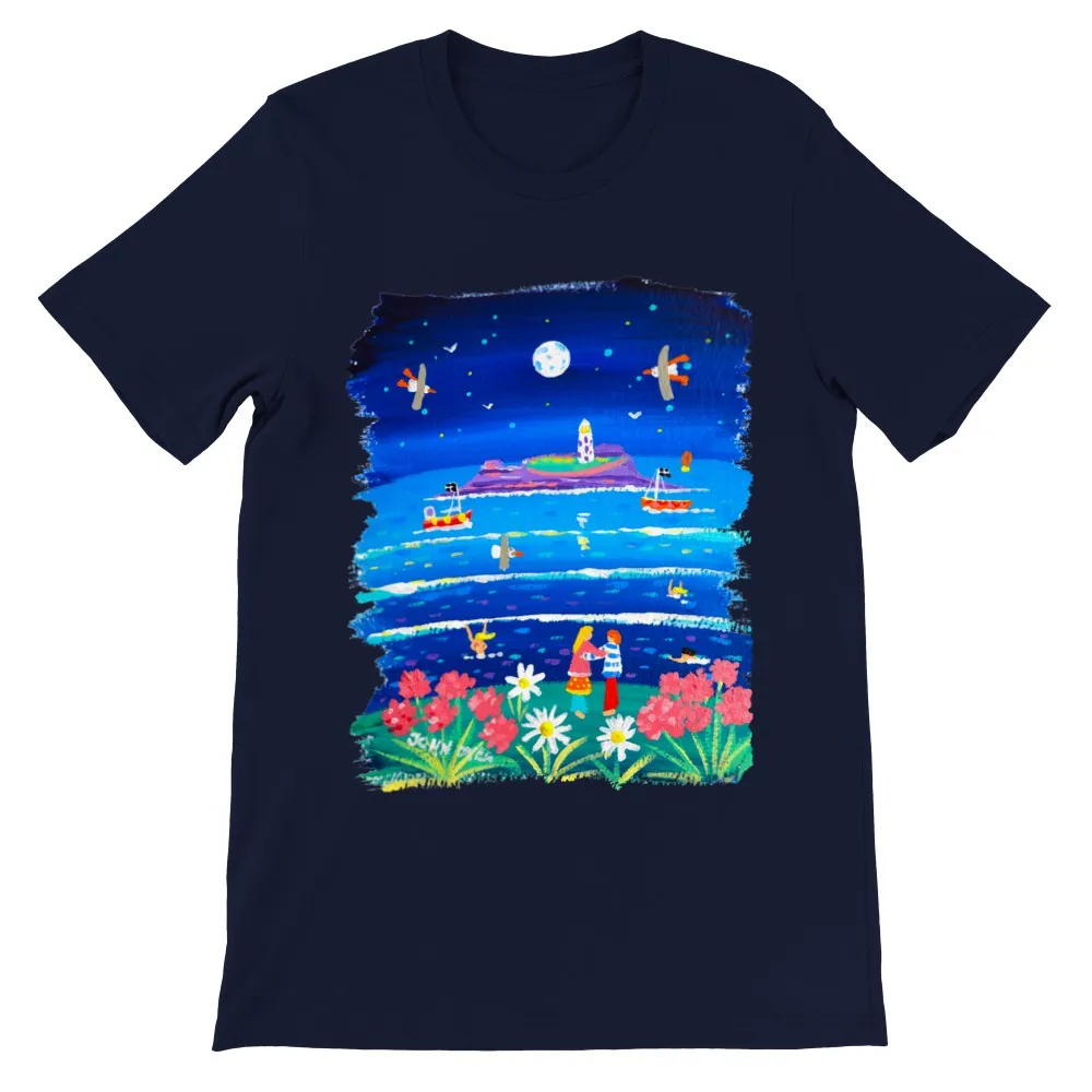 John Dyer Unisex Seaside Art Cornwall T-Shirt. 'Full Moon Lovers, Godrevy Lighthouse'. Cornwall Art Gallery