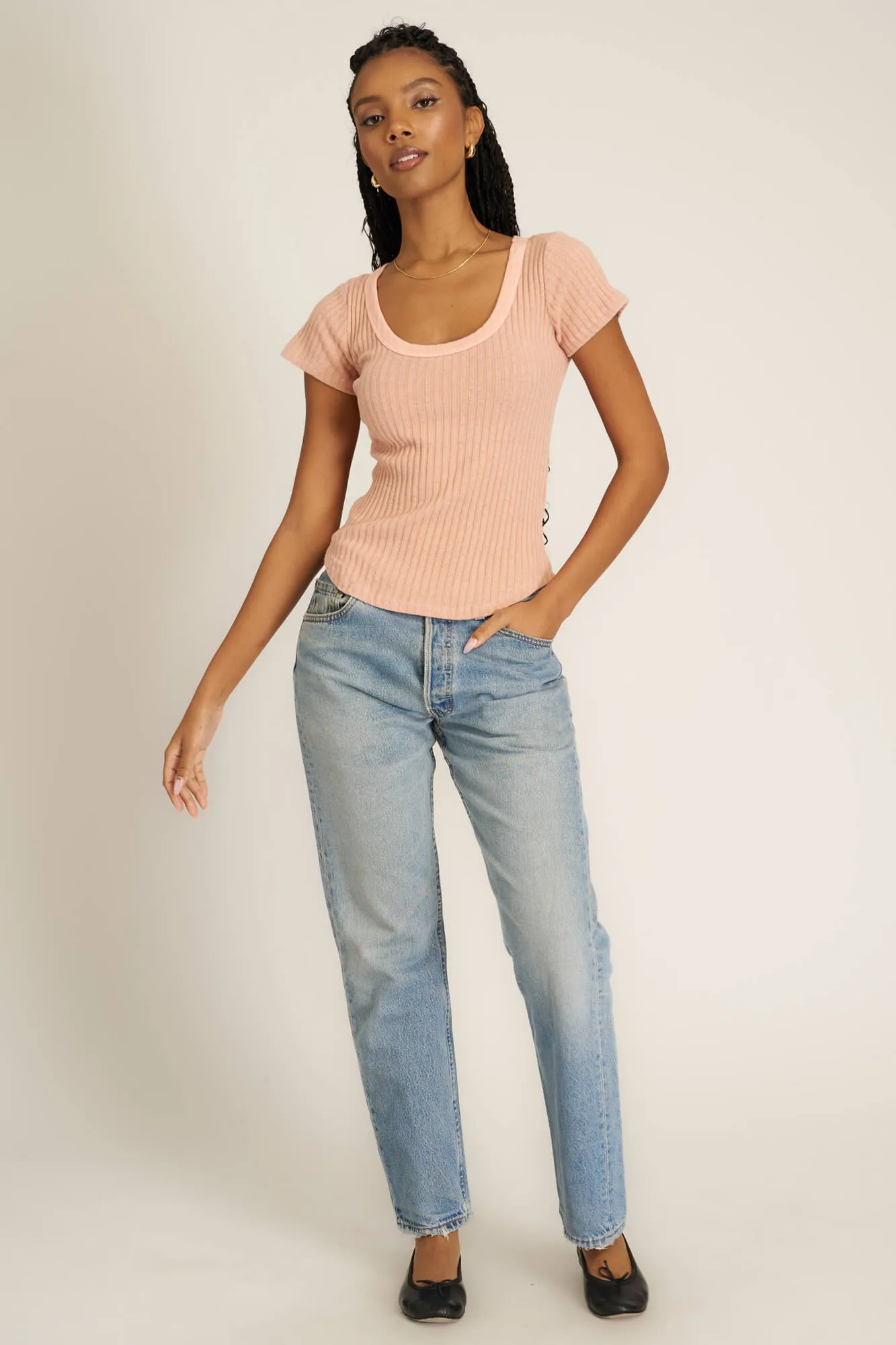 Julie Scoop Neck Sweater Rib Tee - MW Mellow Rose