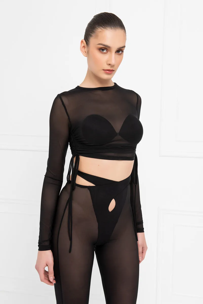 Kayla Mesh Long Sleeve Ruched Sheer Crop Top