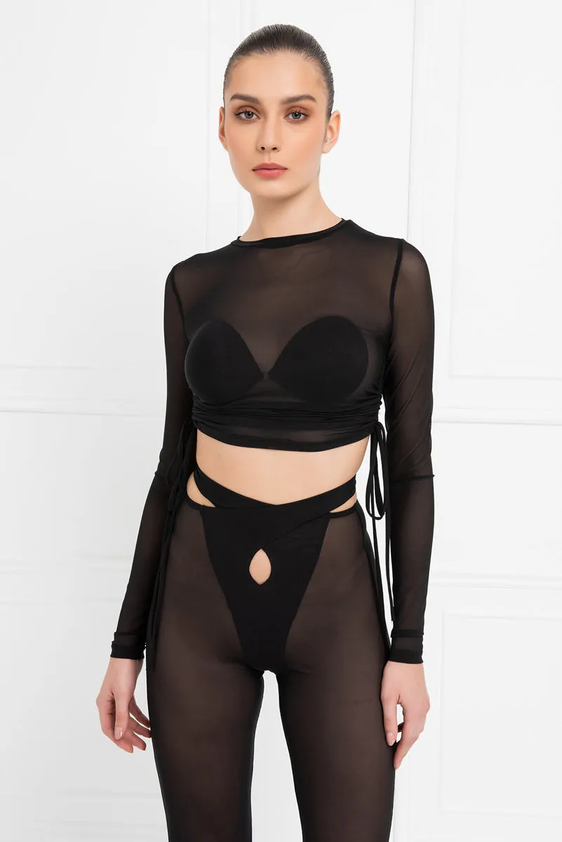 Kayla Mesh Long Sleeve Ruched Sheer Crop Top