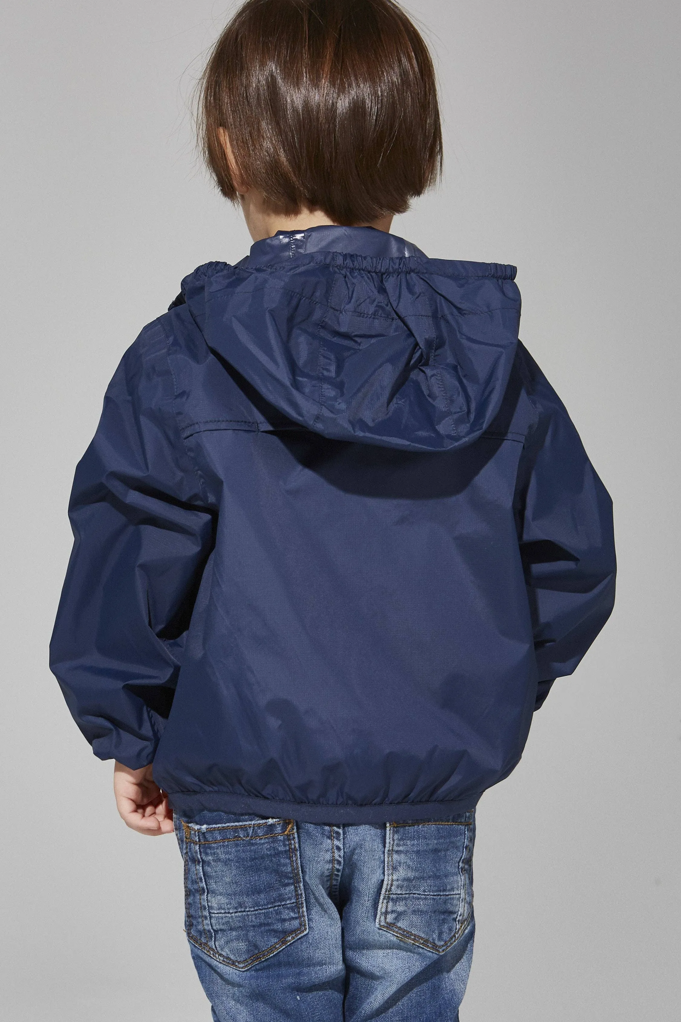 Kid's Navy Full Zip Packable Rain Jacket and Windbreaker