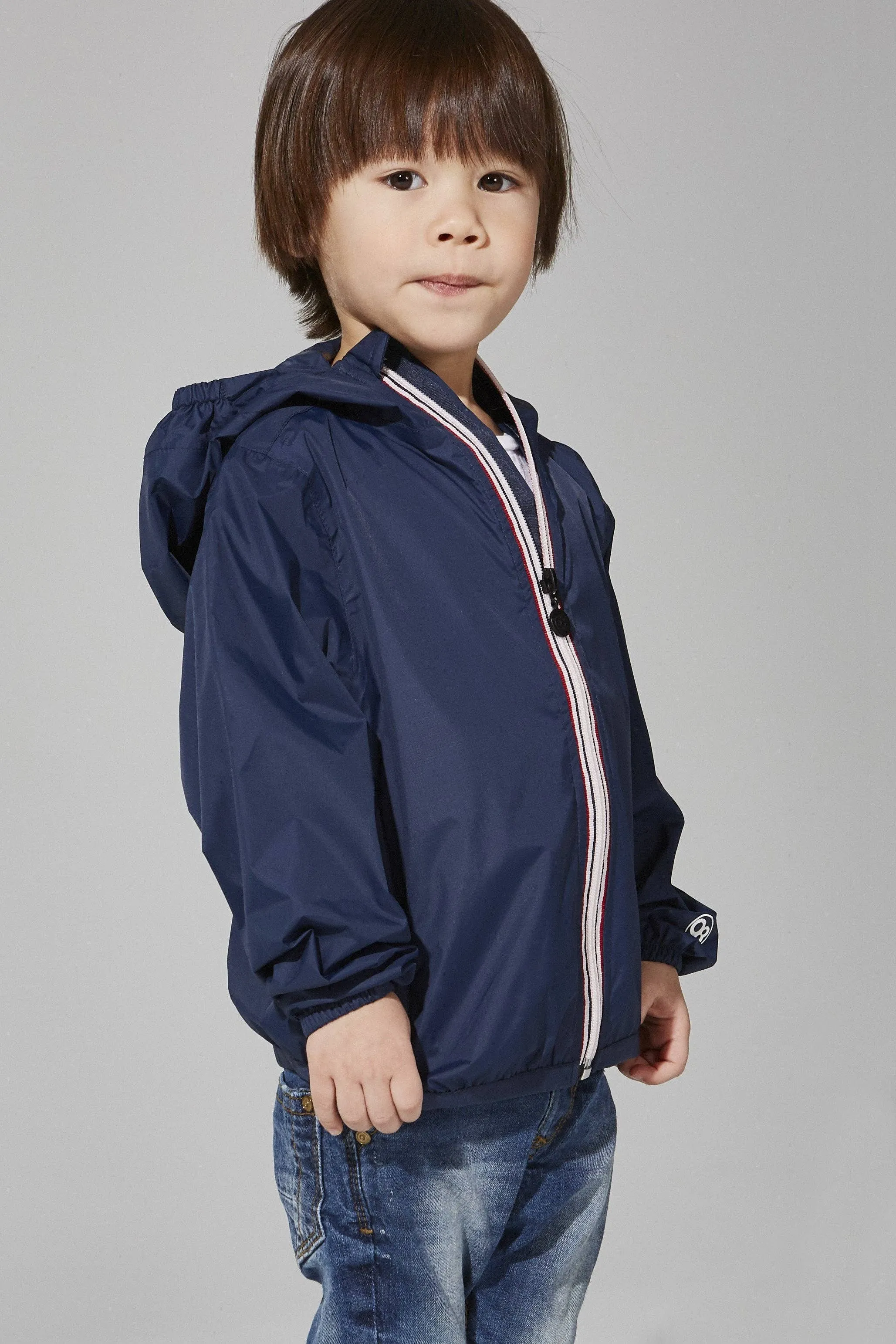 Kid's Navy Full Zip Packable Rain Jacket and Windbreaker