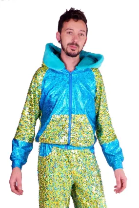 LAST OINE! Size (S) | Juicy Lime & Turquoise | Sequin Hoody - Unisex | Vintaaage!