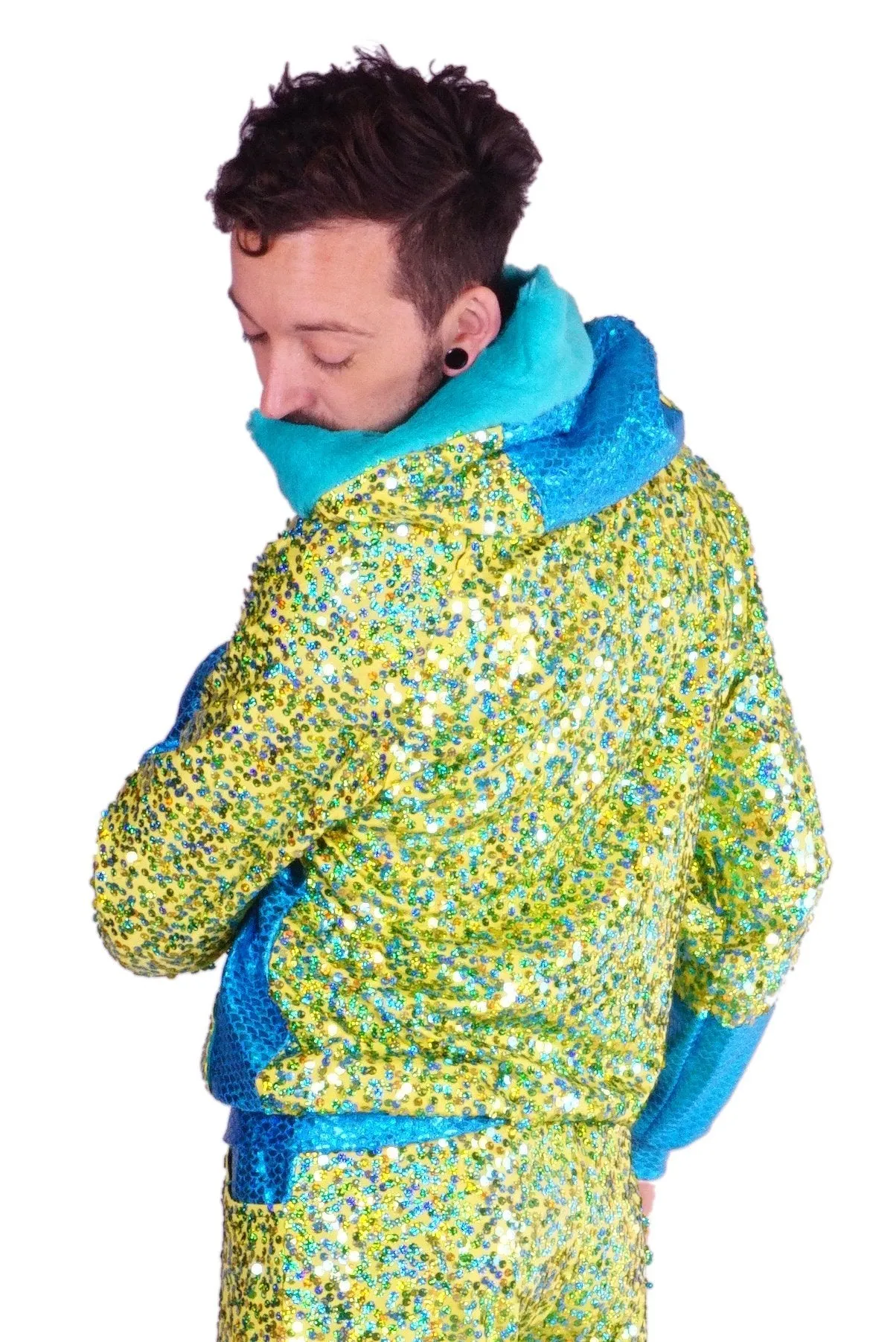 LAST OINE! Size (S) | Juicy Lime & Turquoise | Sequin Hoody - Unisex | Vintaaage!