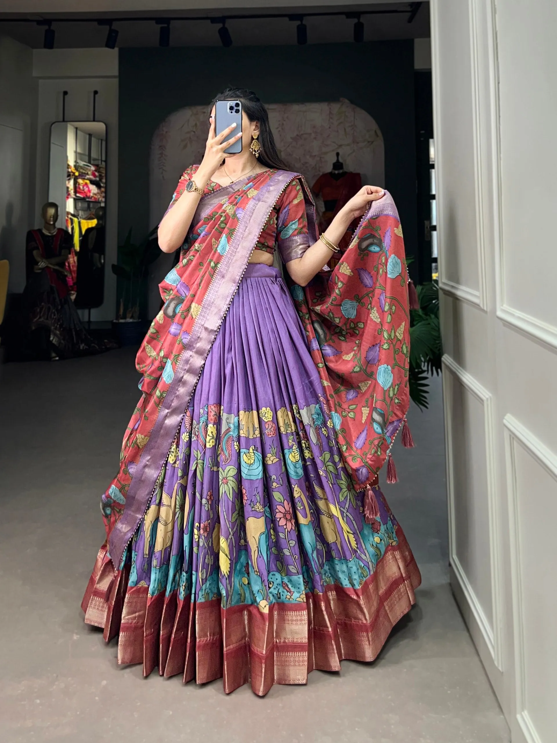 Lavender Kalamkari Dola Silk Lehenga Choli Set with Zari Borders