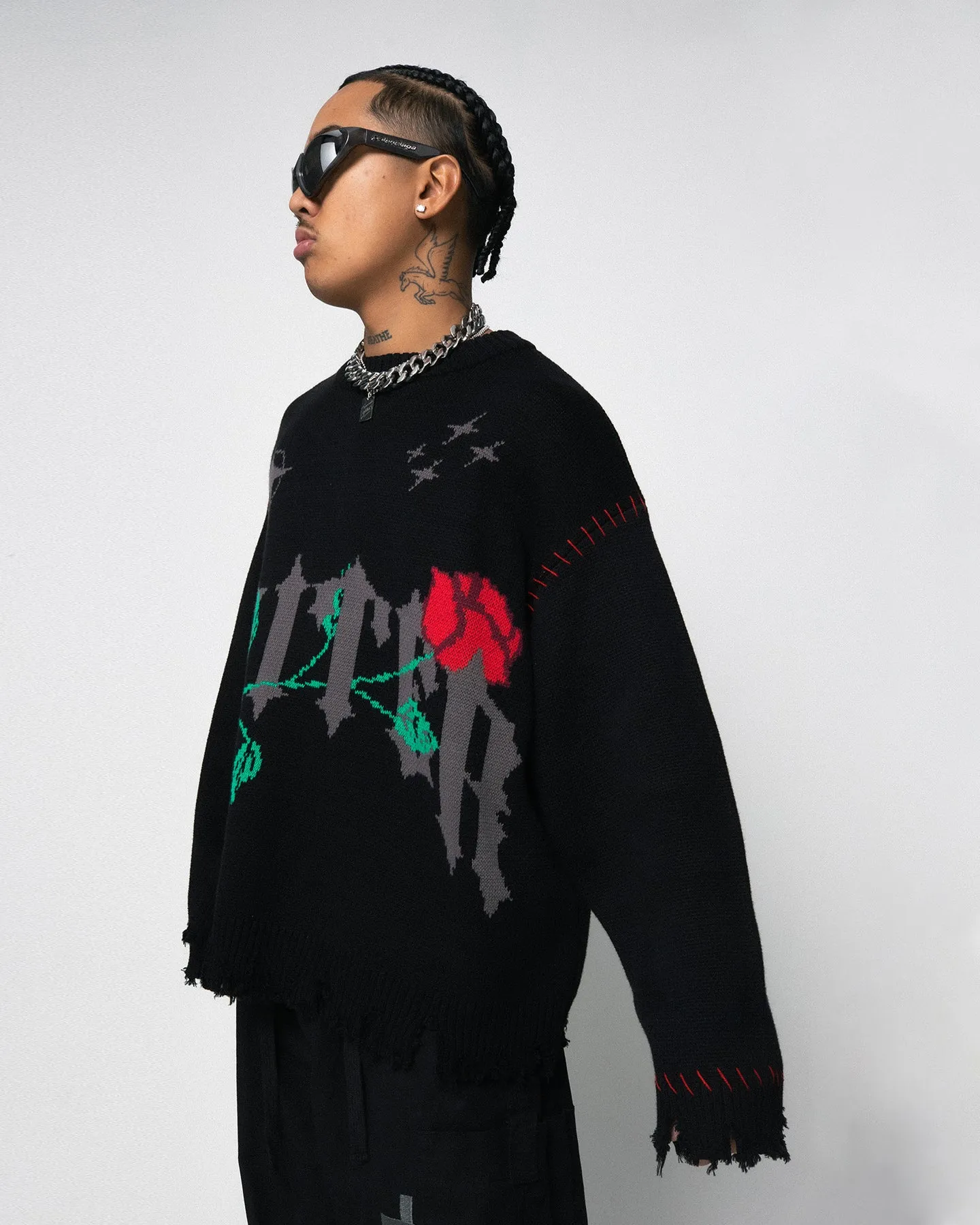 Loiter Fable Distressed Knit Sweater Black