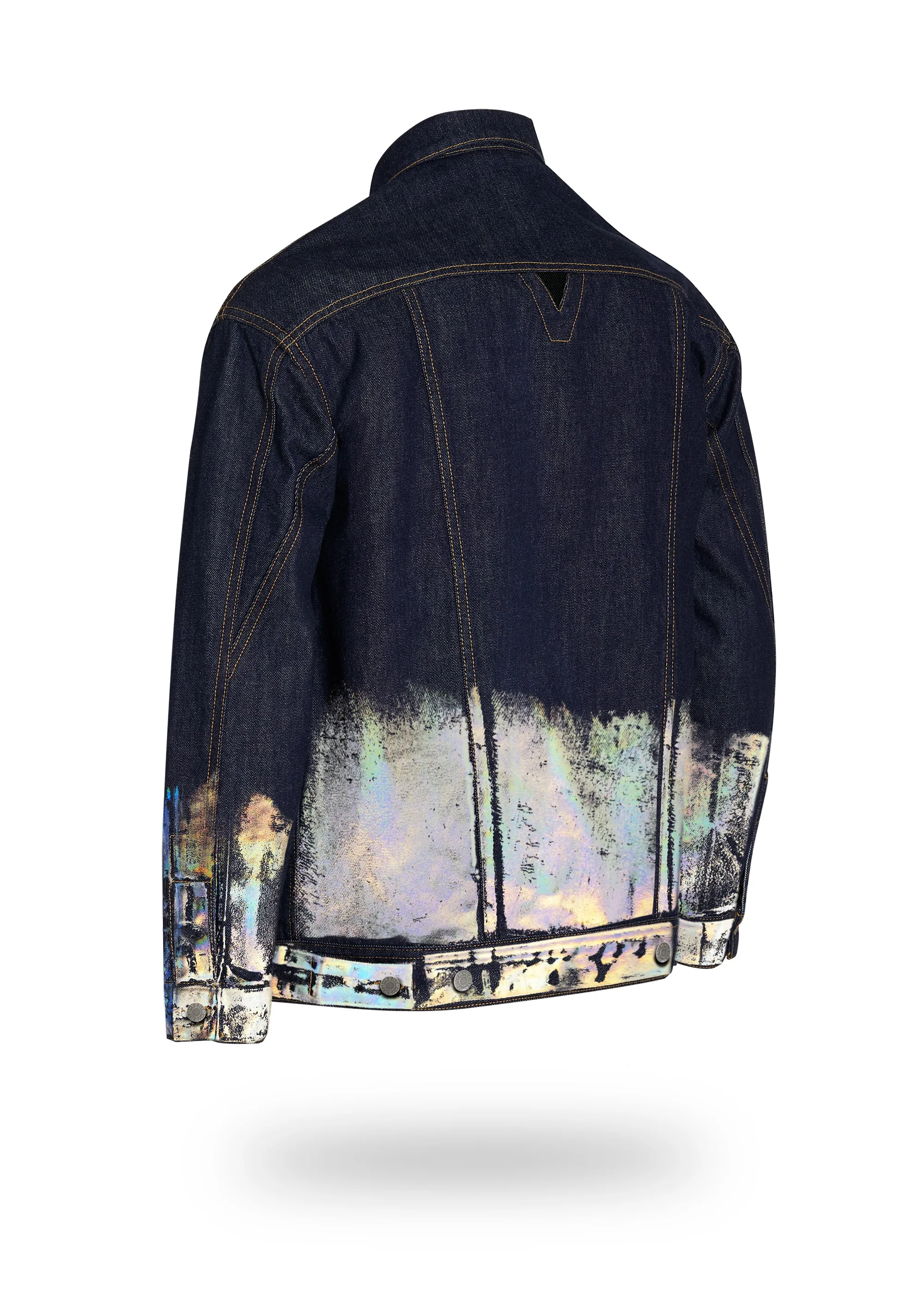 Longer Indigo Denim Jacket with Holographic Foil