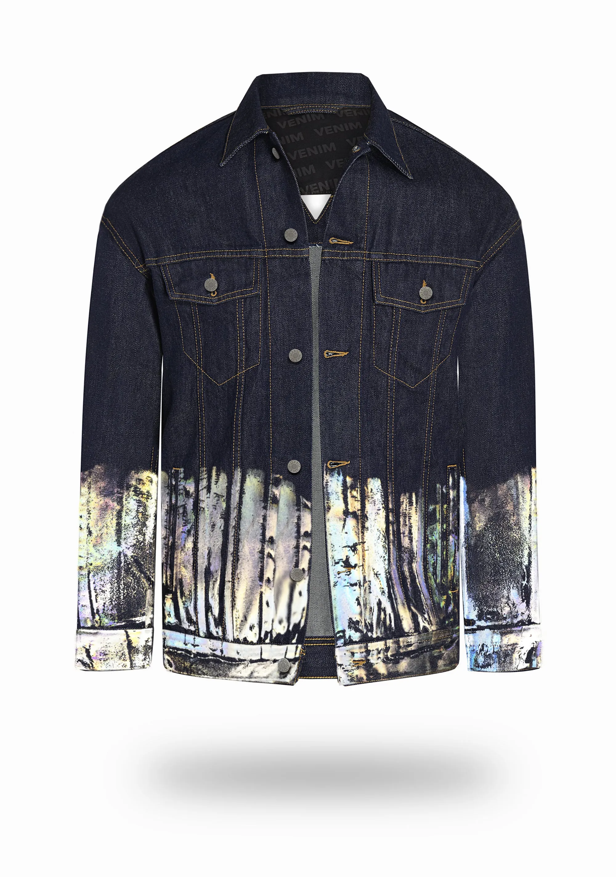 Longer Indigo Denim Jacket with Holographic Foil