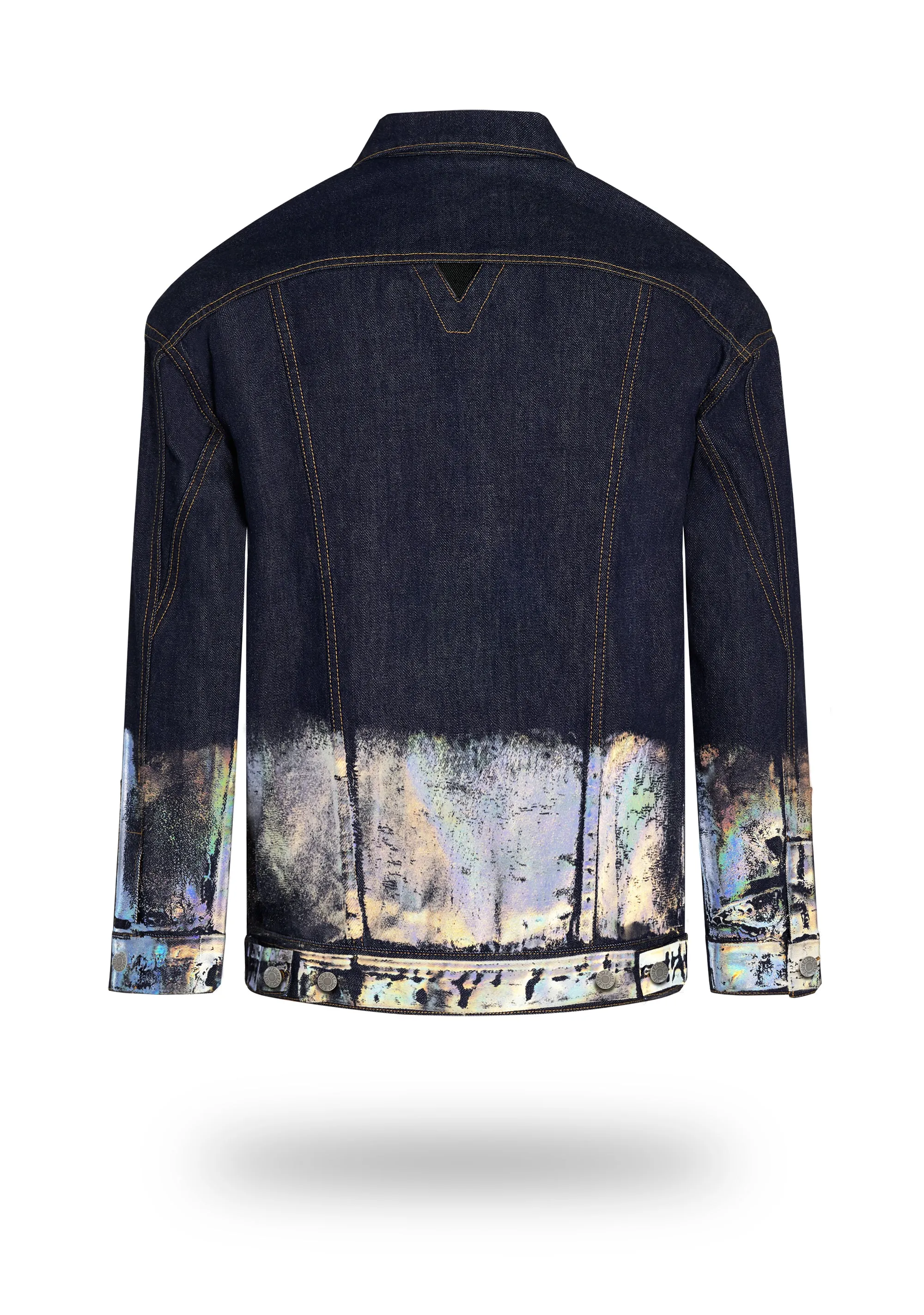 Longer Indigo Denim Jacket with Holographic Foil