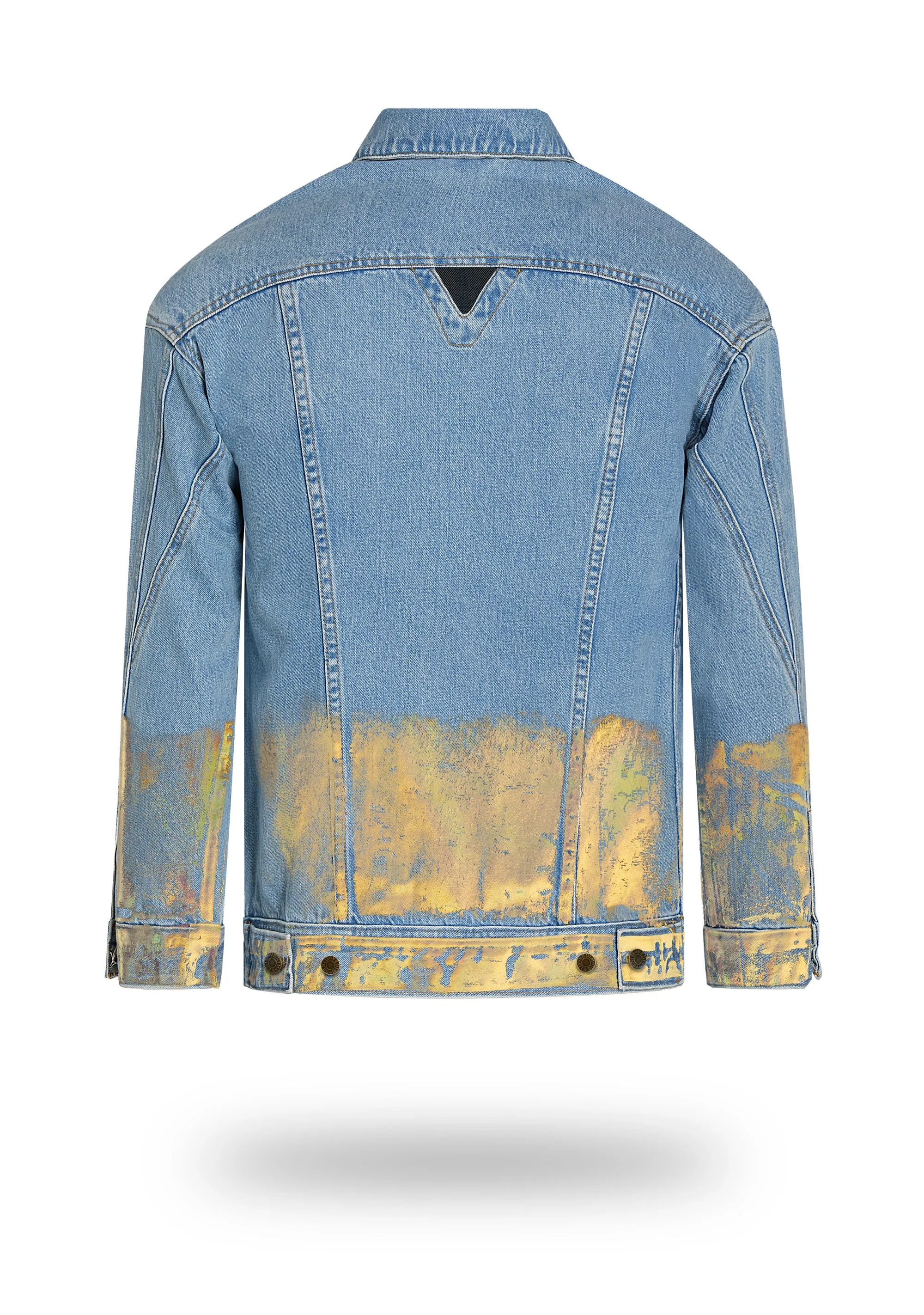 Longer Light Wash Denim Jacket with Gold Holographic Foil