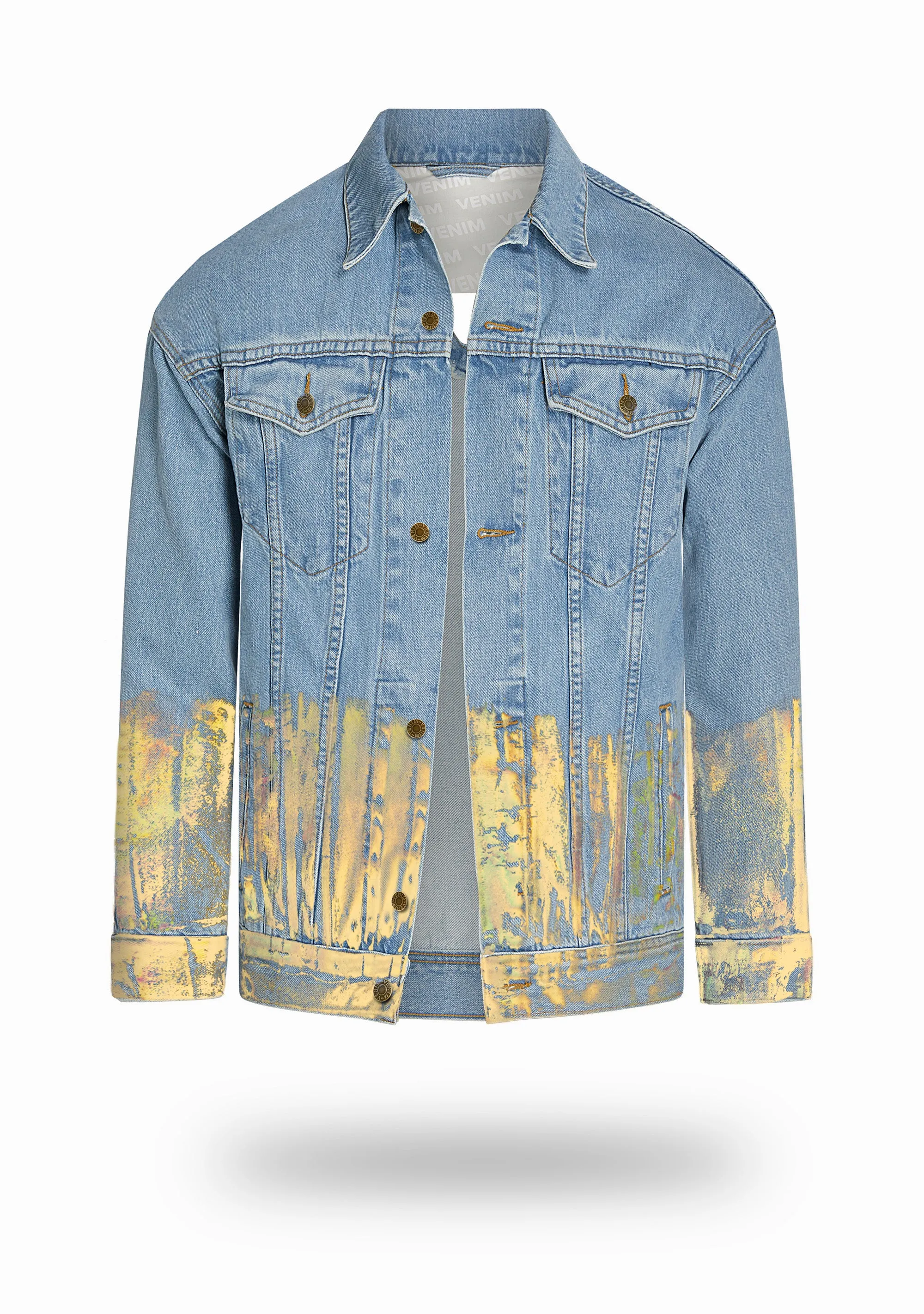 Longer Light Wash Denim Jacket with Gold Holographic Foil