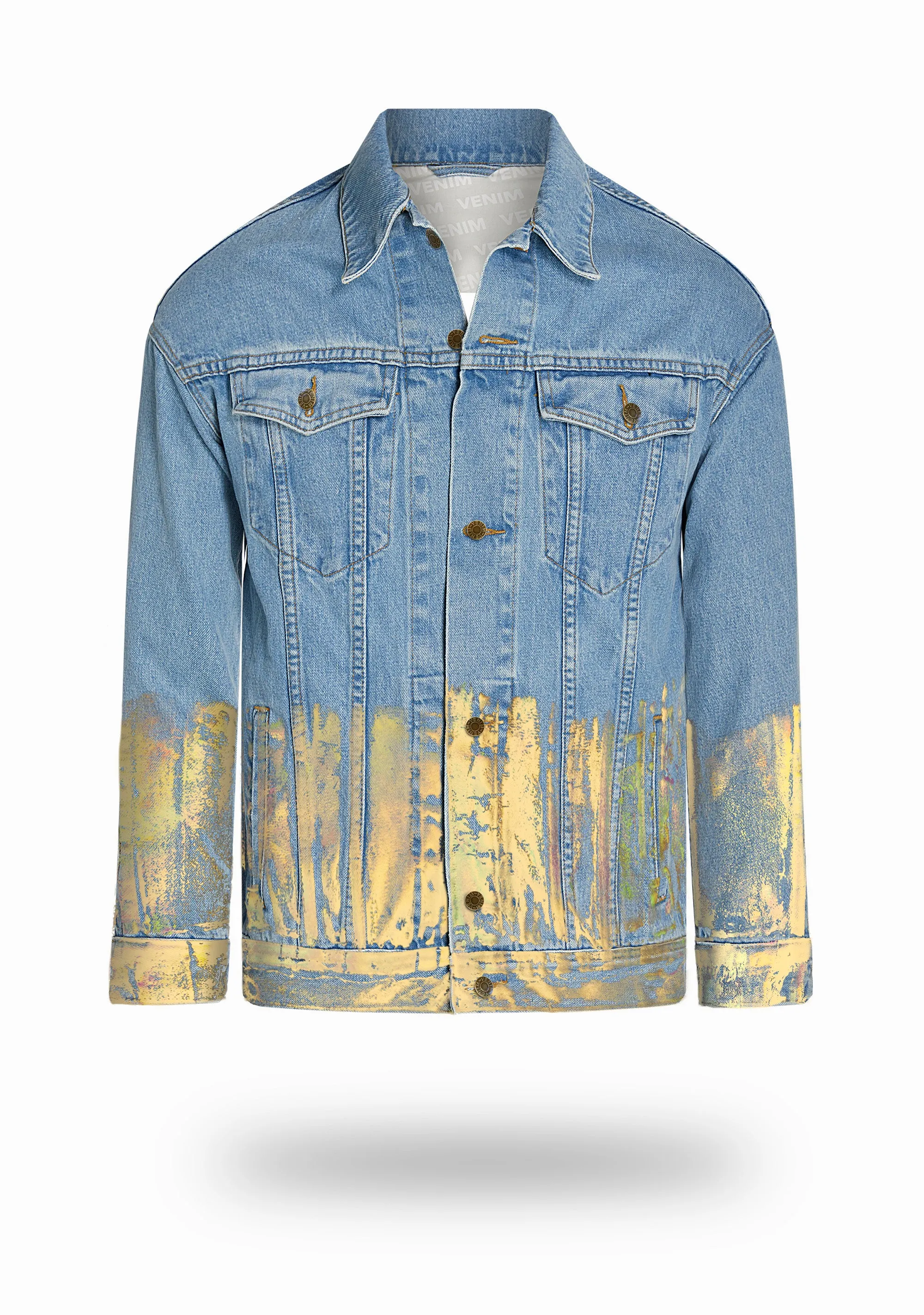 Longer Light Wash Denim Jacket with Gold Holographic Foil