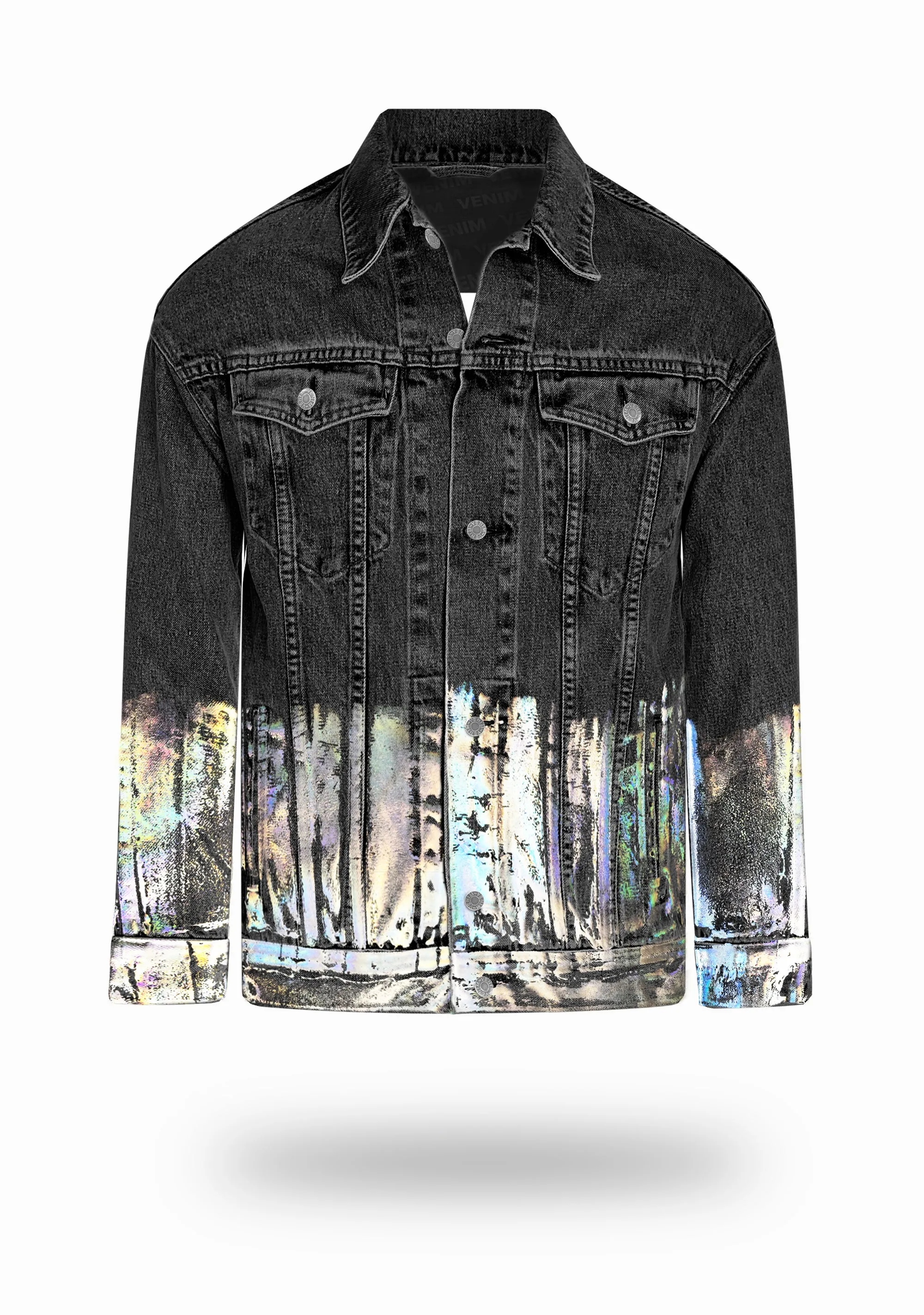 Longer Washed Black Denim Jacket with Holographic Foil