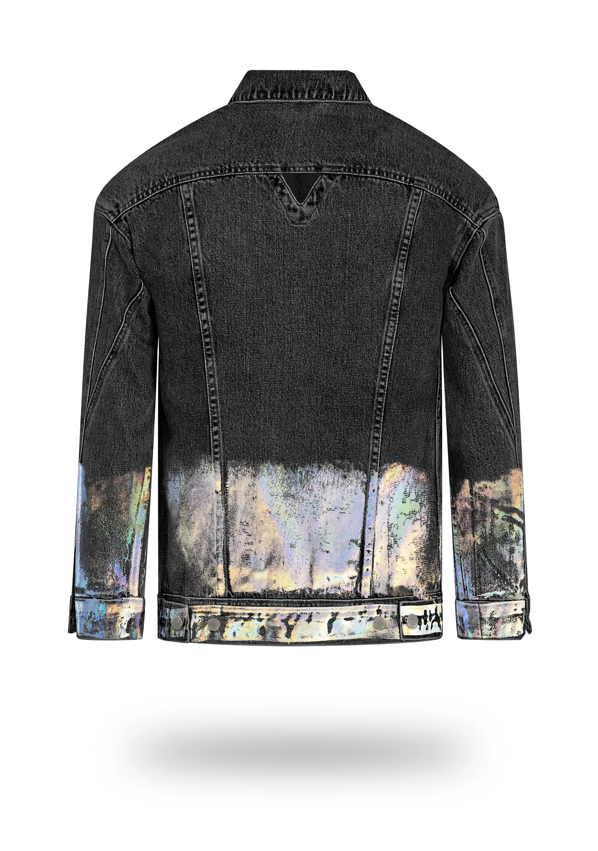 Longer Washed Black Denim Jacket with Holographic Foil