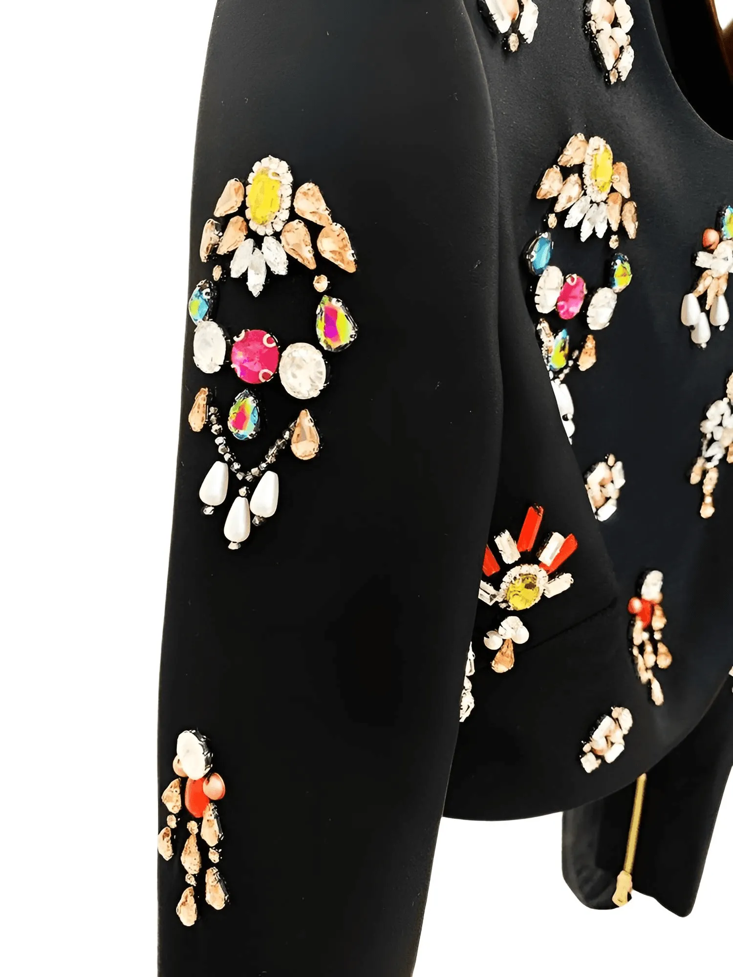 Luxury Colorful Diamond Beaded Long Sleeve Black Short Top   Skirt Two-Piece Set