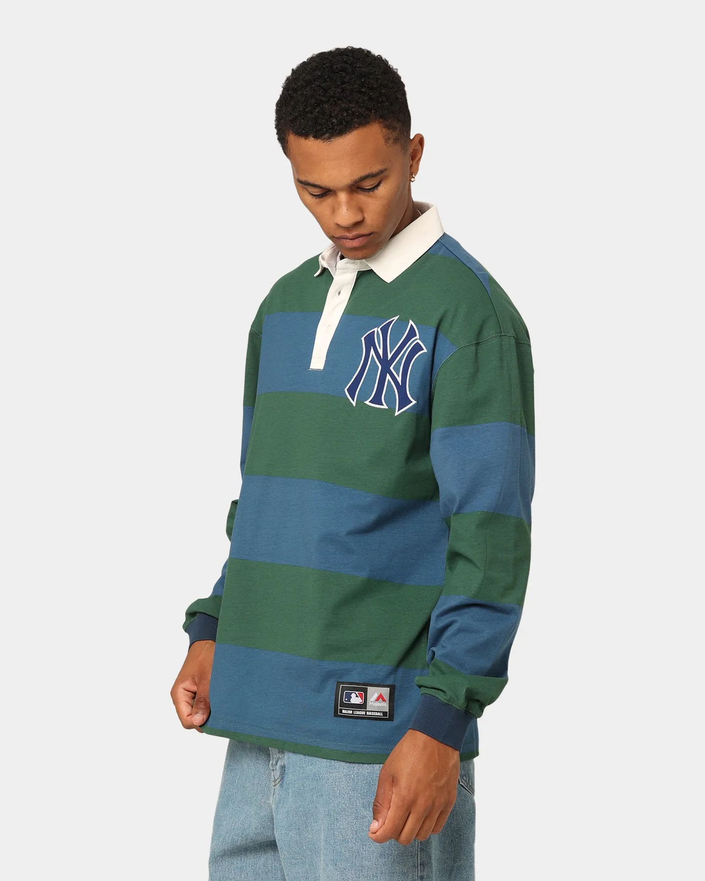 Majestic Athletic New York Yankees Vintage Athletic Stripe Rugby Jersey Dark Cedar/French Blue