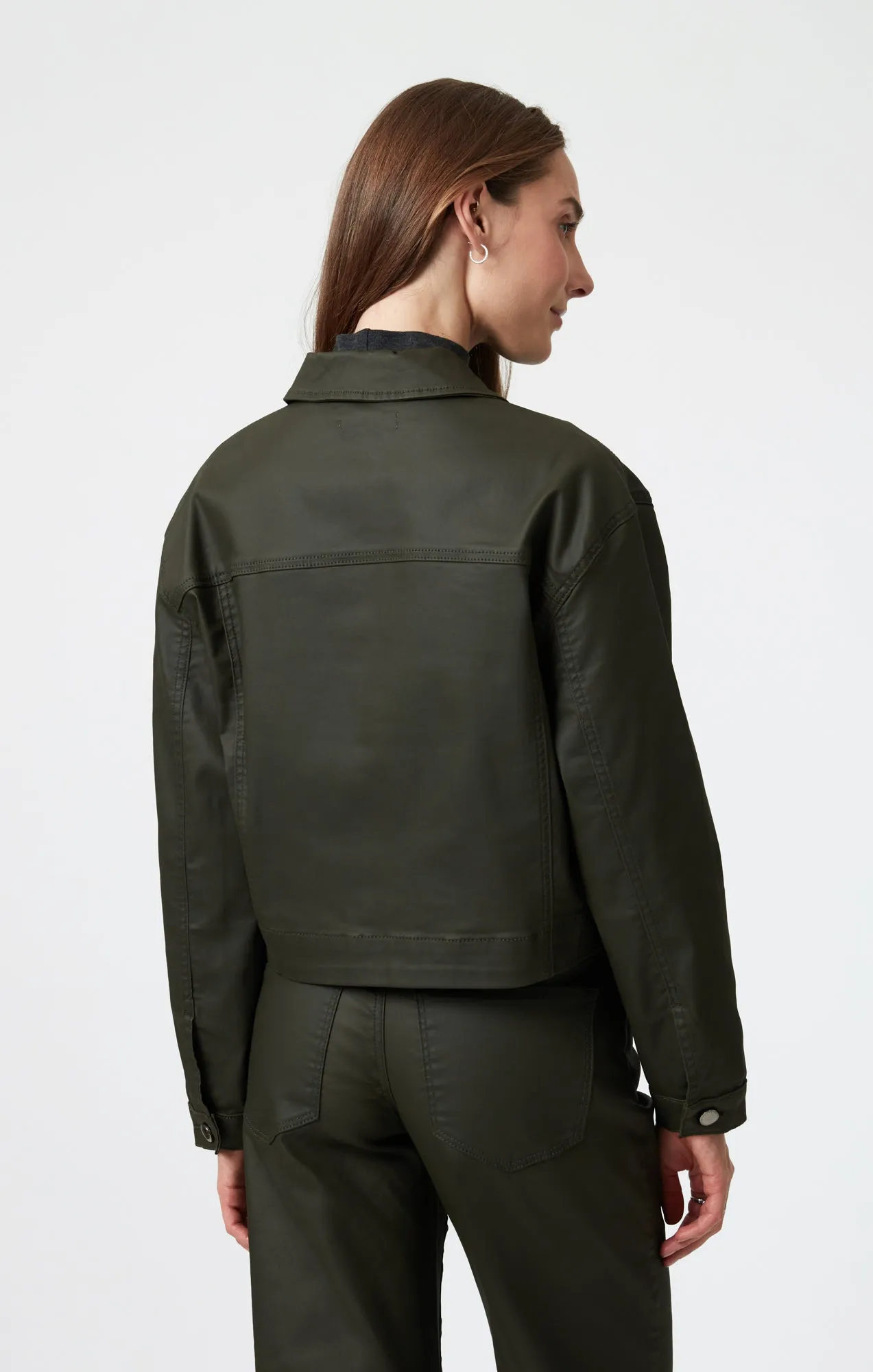 MAREN CROP JACKET IN DARK OLIVE COATED