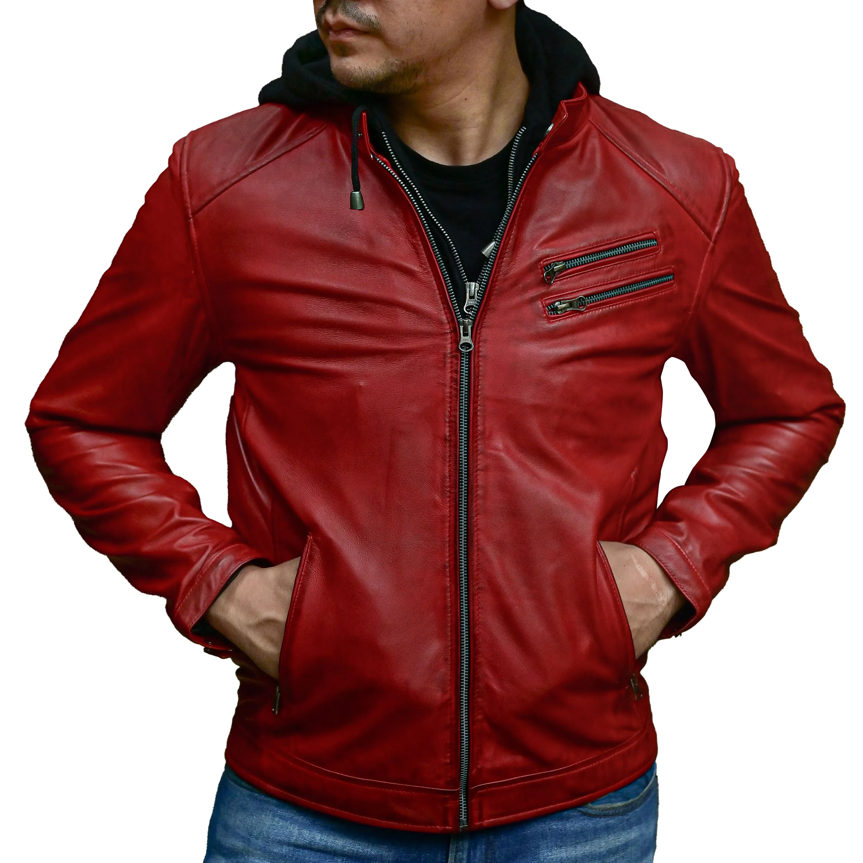 Mens Casual Hooded Vintage Leather Jacket  with Removable Hood