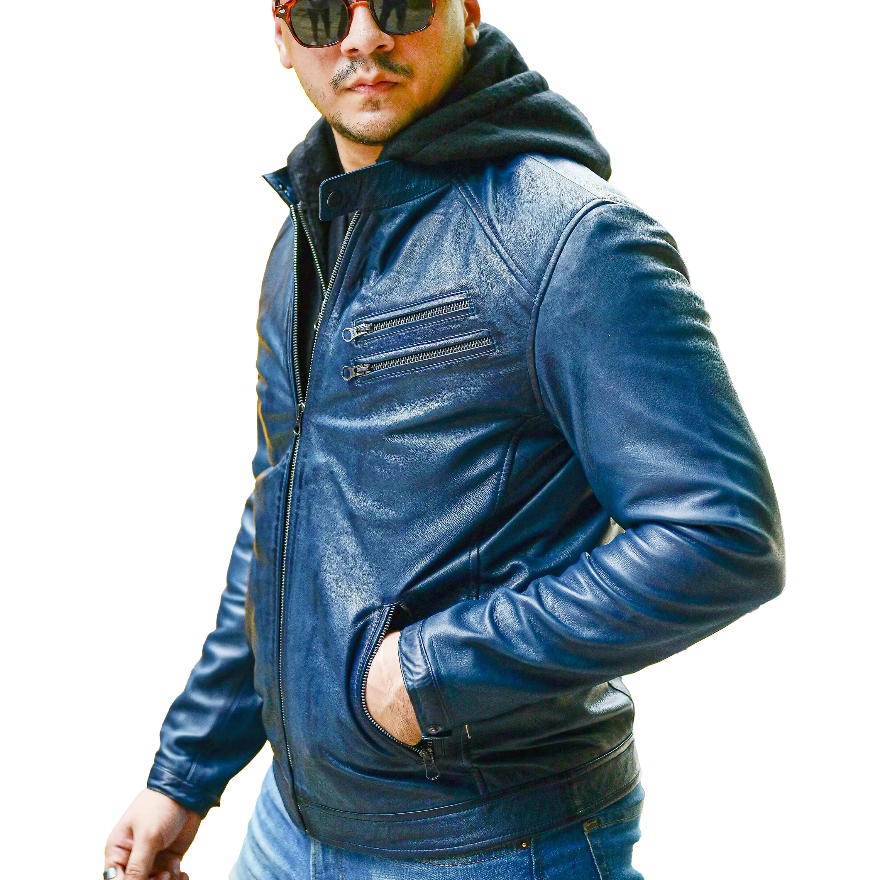 Mens Casual Hooded Vintage Leather Jacket  with Removable Hood