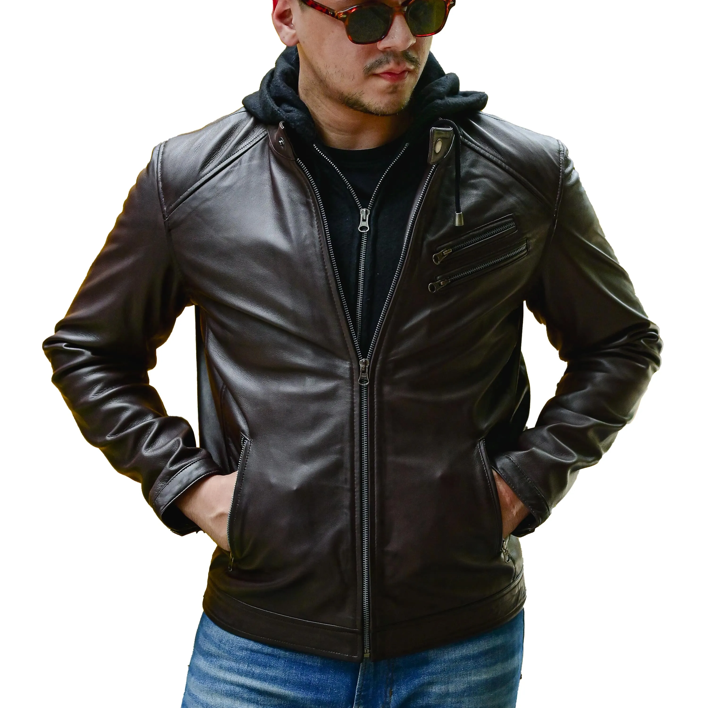 Mens Casual Hooded Vintage Leather Jacket  with Removable Hood