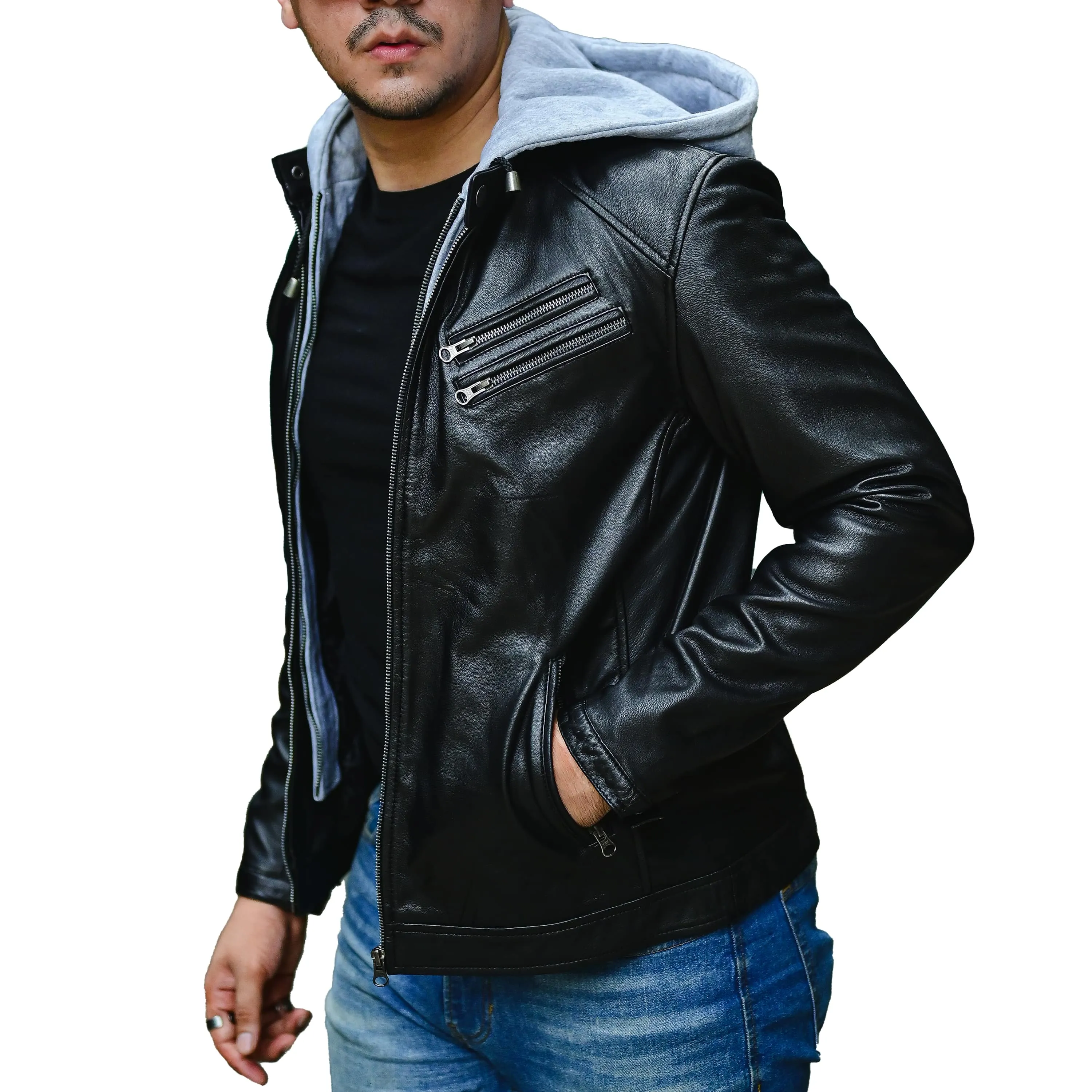 Mens Casual Hooded Vintage Leather Jacket  with Removable Hood