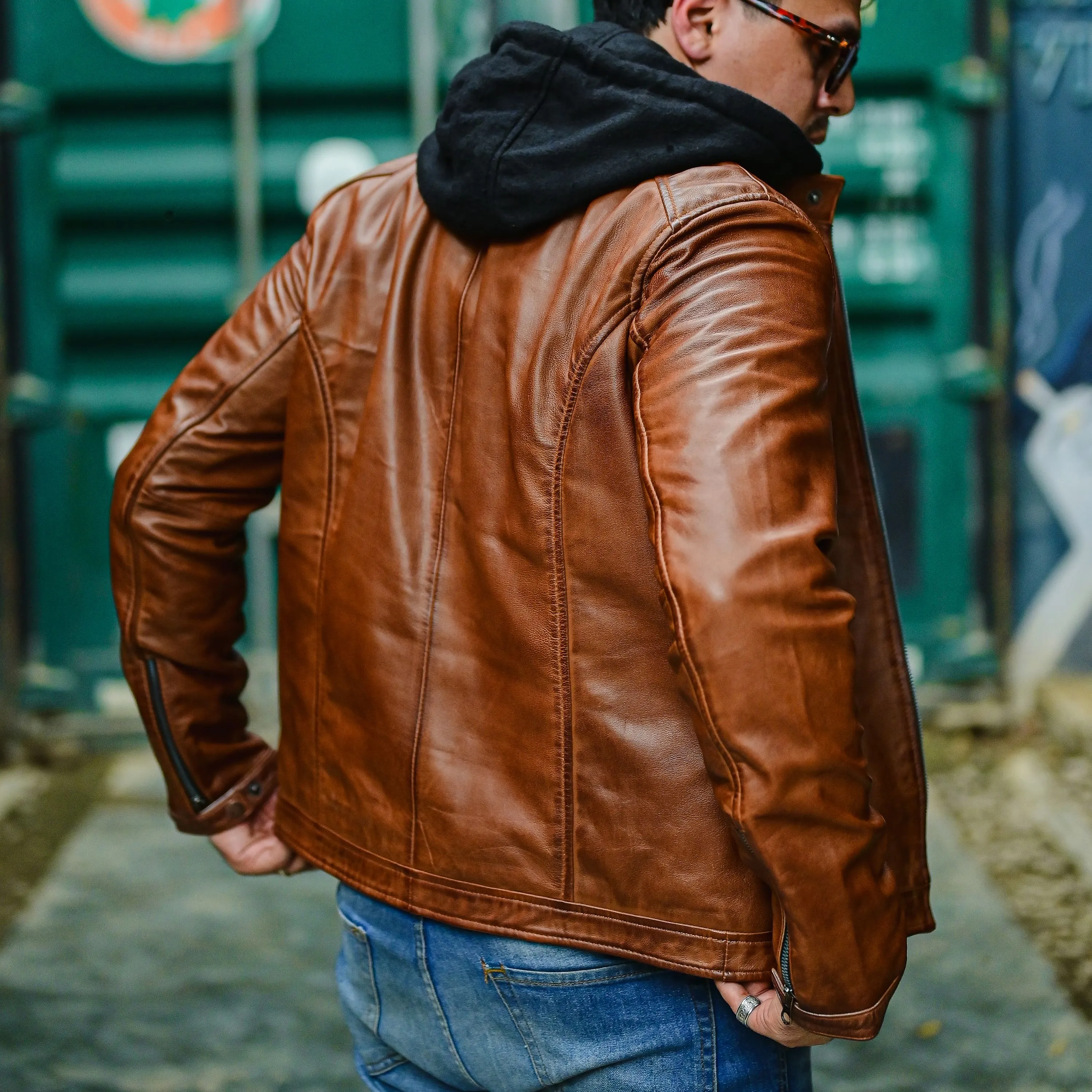 Mens Casual Hooded Vintage Leather Jacket  with Removable Hood