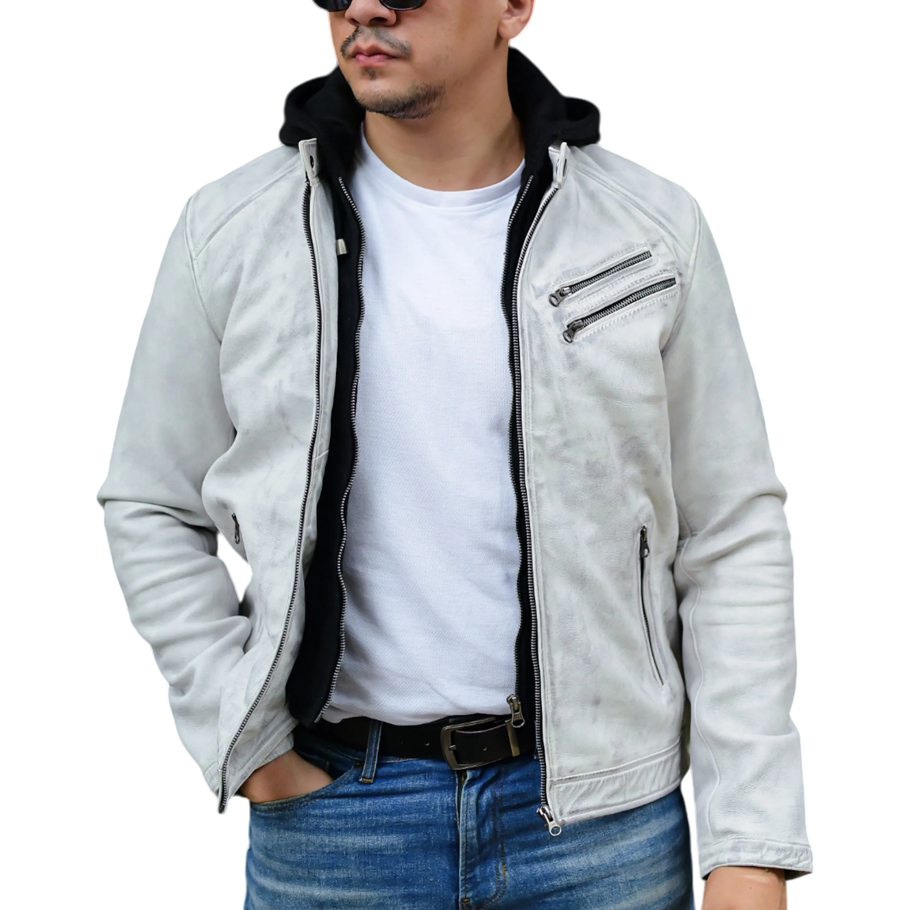 Mens Casual Hooded Vintage Leather Jacket  with Removable Hood