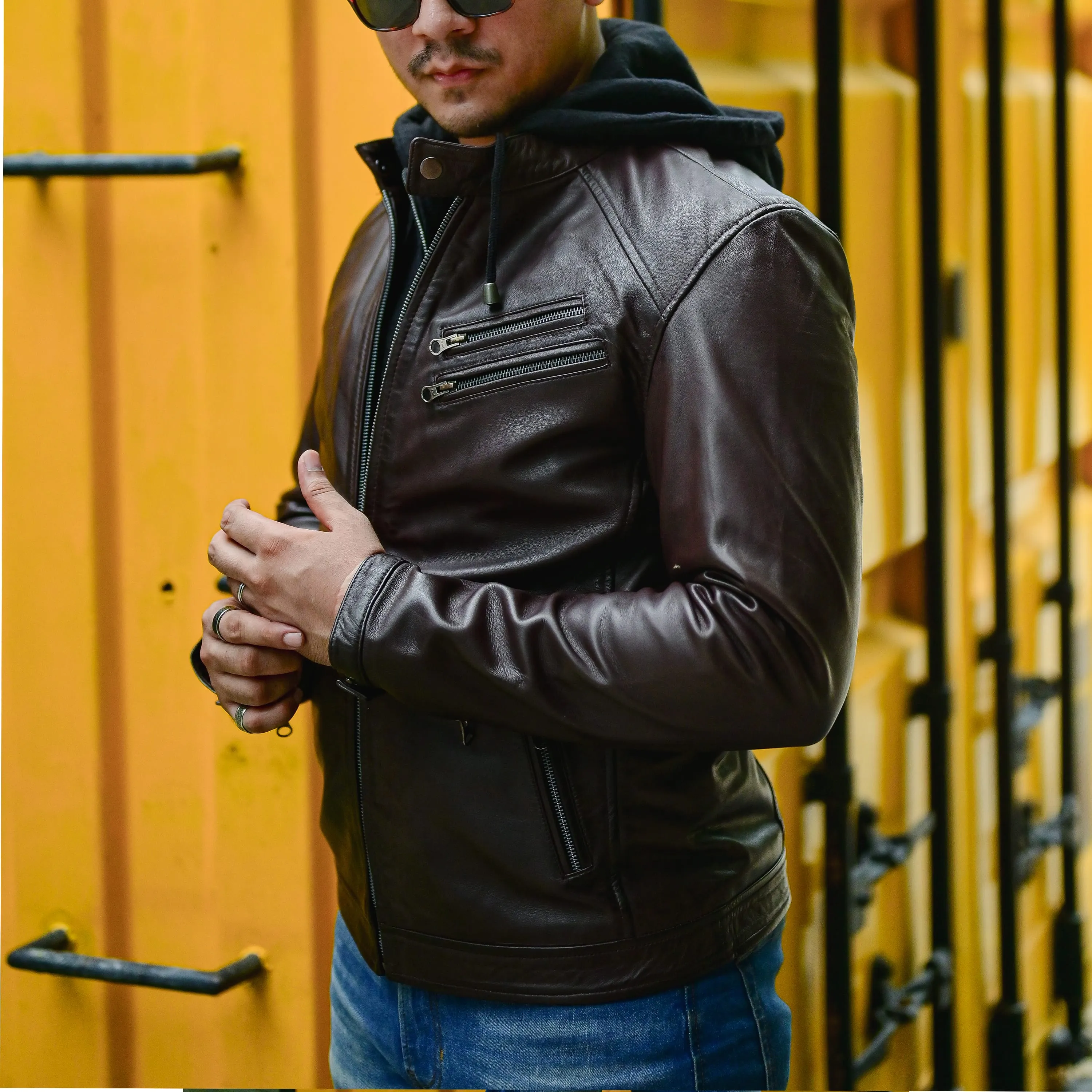 Mens Casual Hooded Vintage Leather Jacket  with Removable Hood