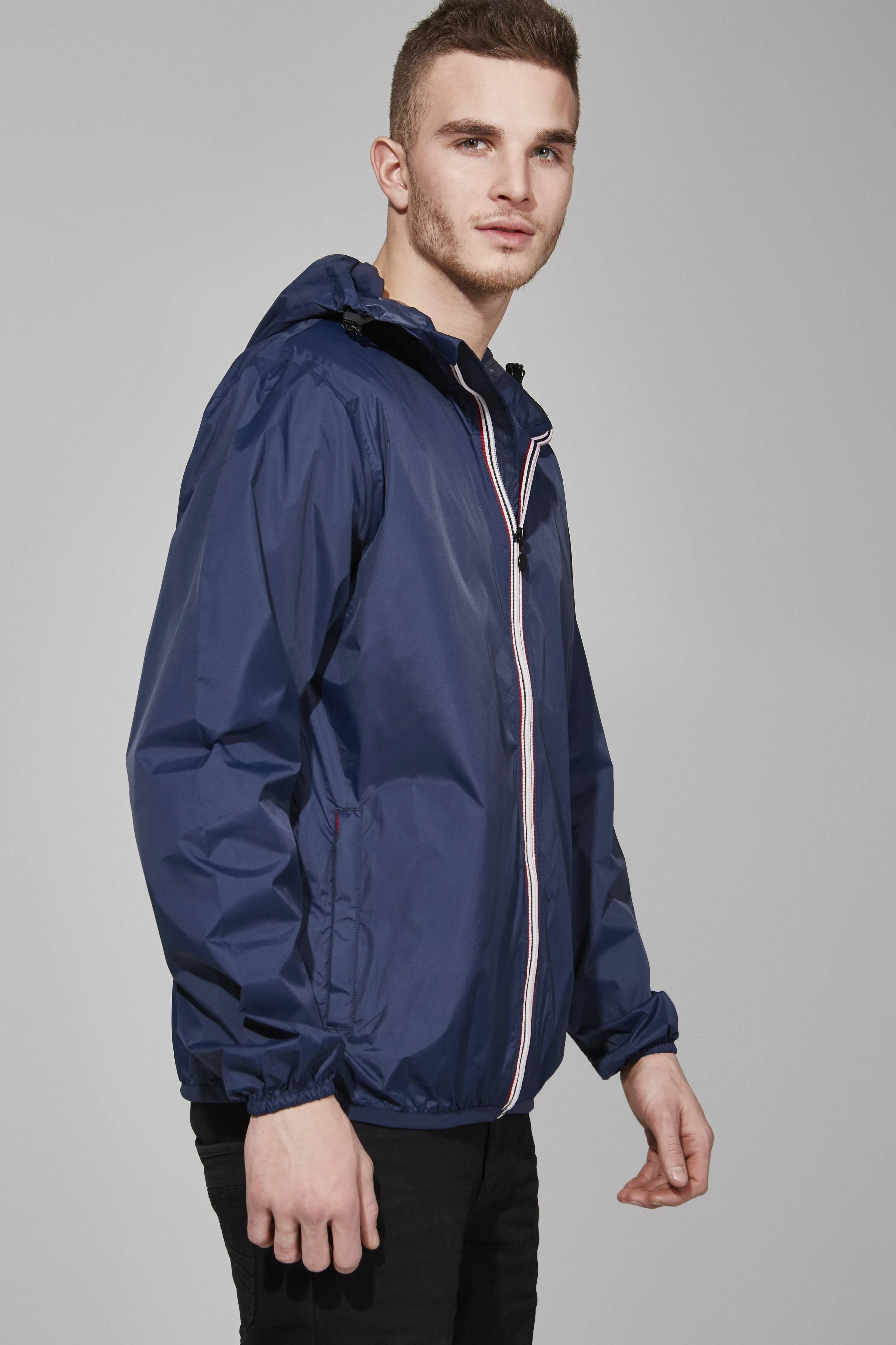 Men's Navy Full Zip Packable Rain Jacket and Windbreaker