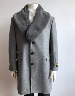 Mens Overcoat - Topcoat For Men - Winter Fabric - men's Long Jacket Ticket Pocket Designer men's Wool Peacoat Sale ~ Wool men's Car Coat Mid Length Three quarter length coat ~ Overcoat Wool With Fur Collar LT Gray