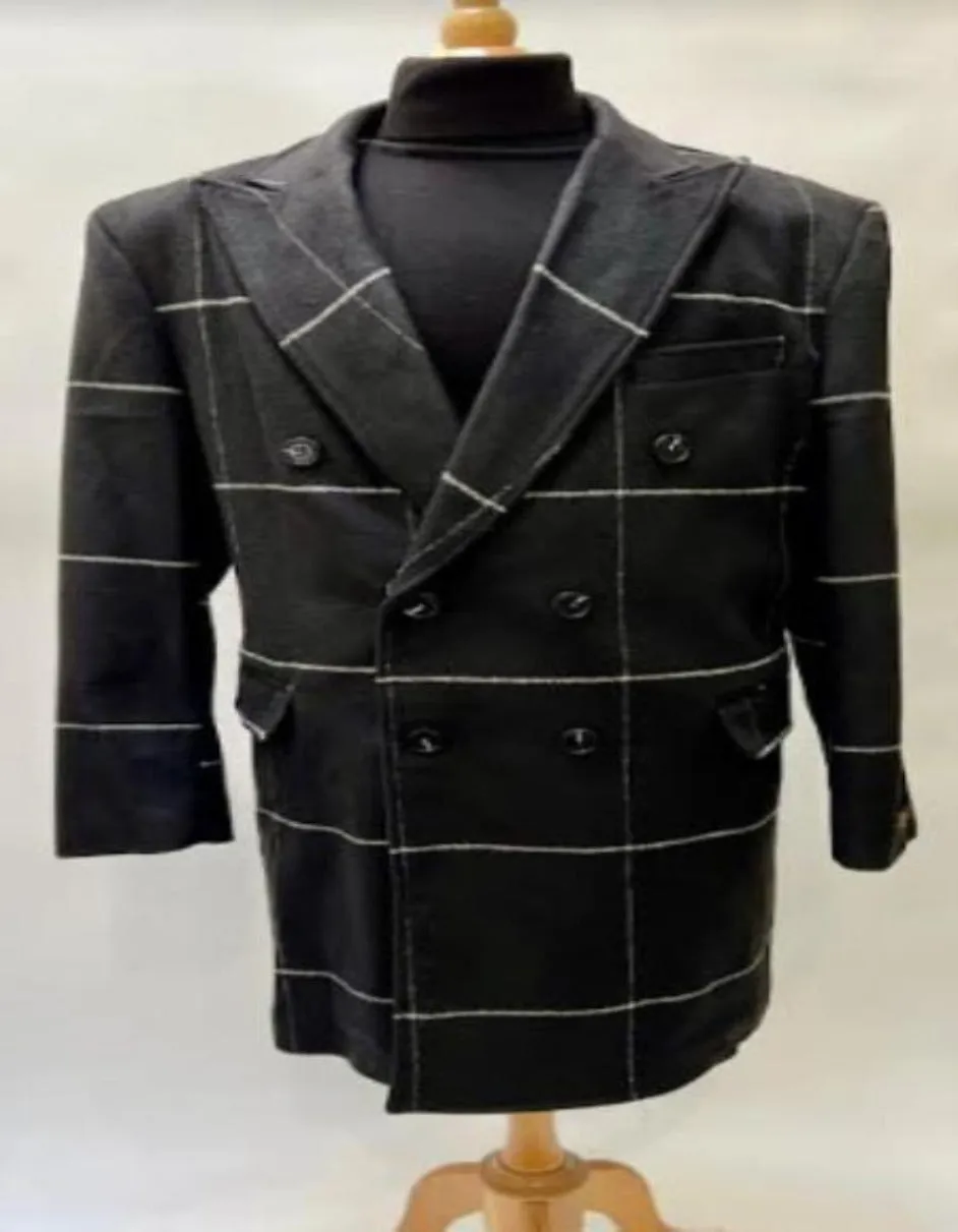 Mens Plaid Overcoat - Wool Peacoat - Plaid Topcoats - Peak Lapel Black