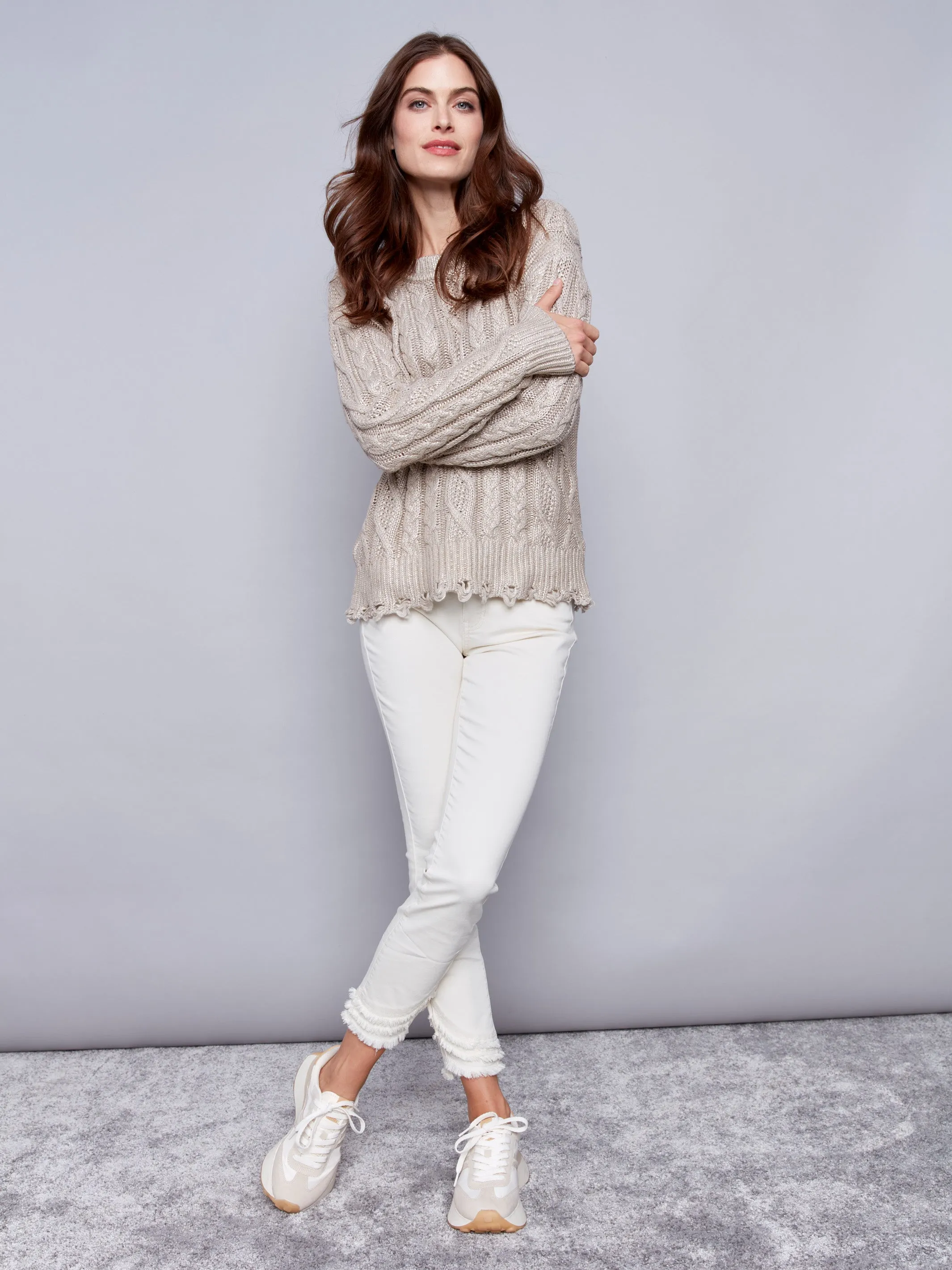 Metallic Cable Knit Sweater - Champagne