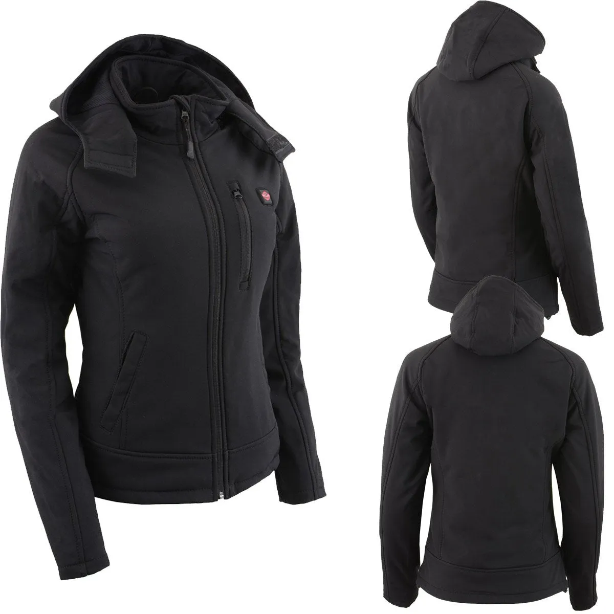 Nexgen Heat MPL2767SET Women's Black 'Heated' Soft Shell Jacket with Detachable Hood for Riding , Hiking w/ Battery