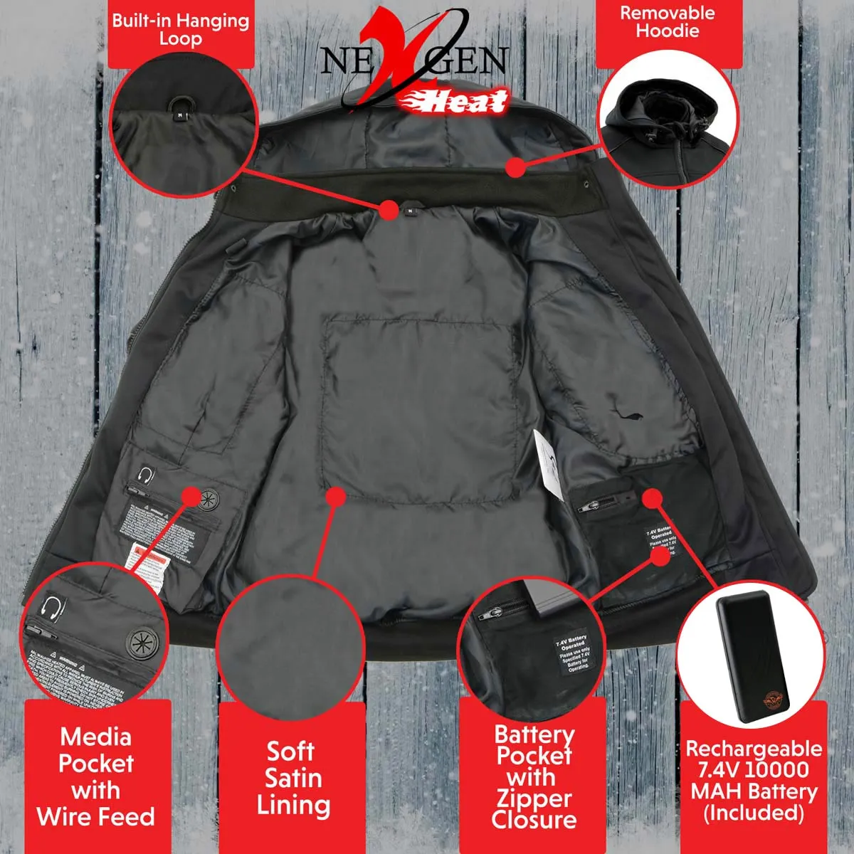 Nexgen Heat NXM1767SET Men's 'Ruffled' Black Soft Shell Heated Hooded