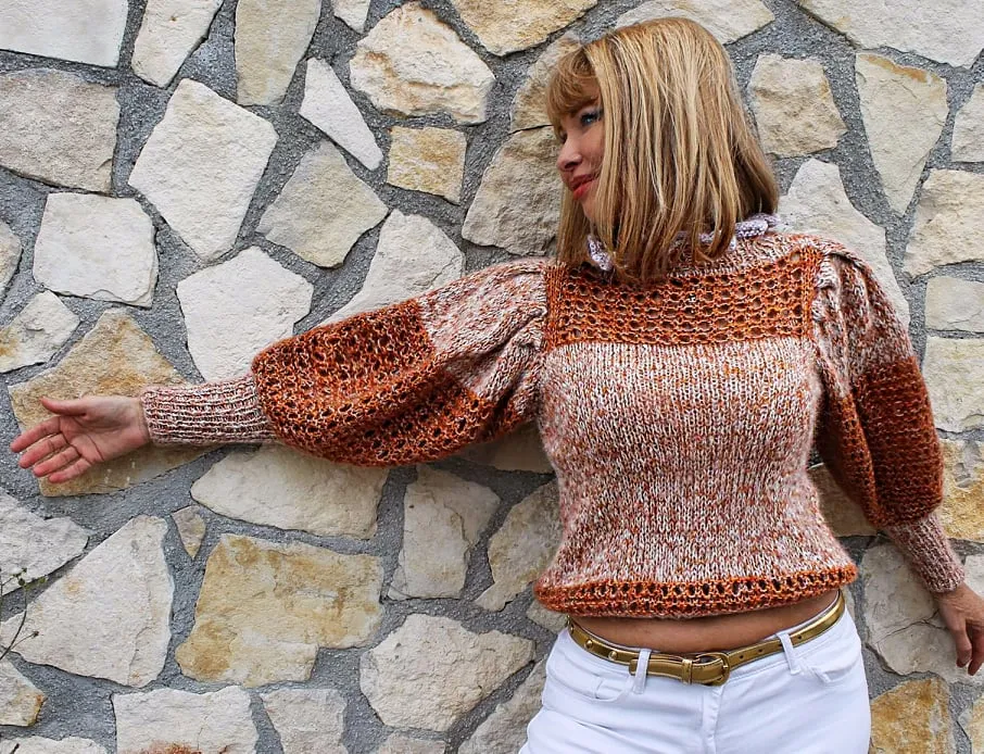 Orange Mohair cropped short sweater with Puffy sleeves and Ruffles on collar