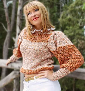 Orange Mohair cropped short sweater with Puffy sleeves and Ruffles on collar