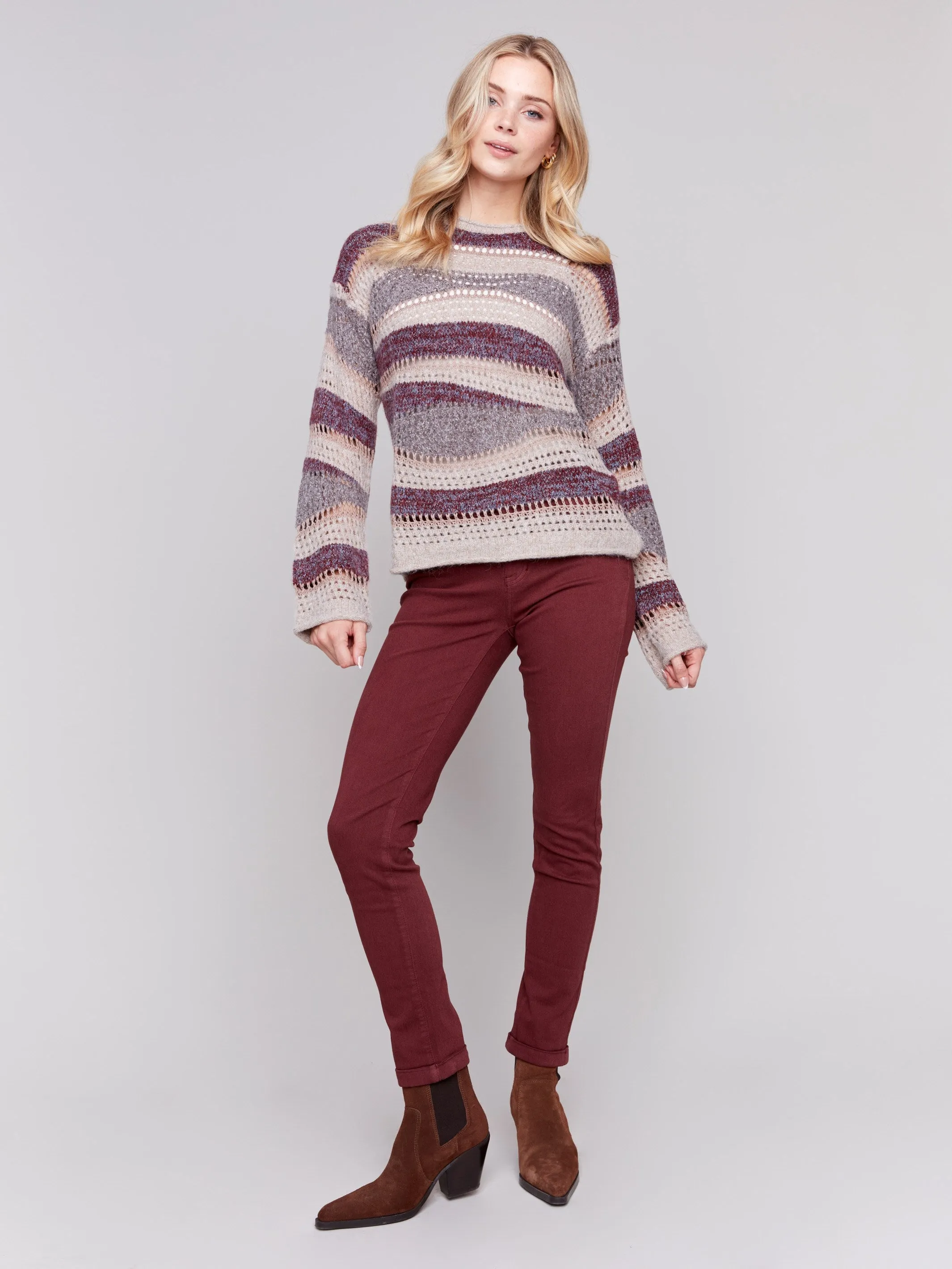 Patchwork Knit Drop Shoulder Sweater - Cabernet