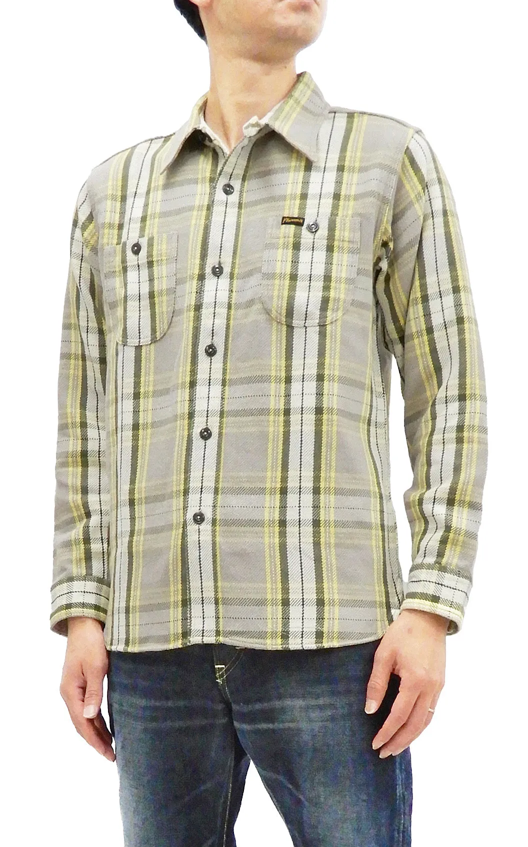 Pherrow's Plaid Flannel Shirt Mens Long Sleeve Checked Button Up Shirt 21W-720WS Beige/Yellow