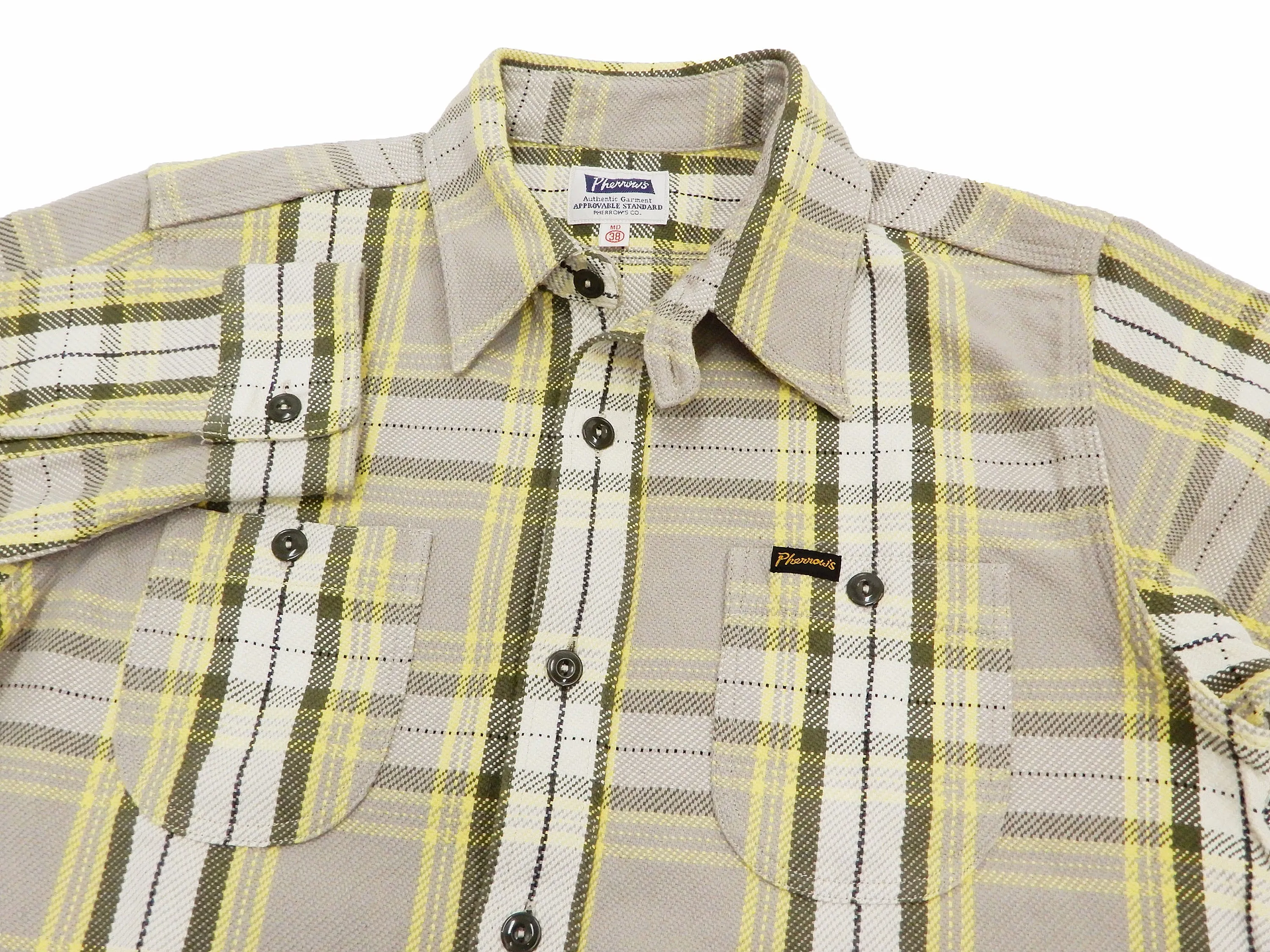 Pherrow's Plaid Flannel Shirt Mens Long Sleeve Checked Button Up Shirt 21W-720WS Beige/Yellow